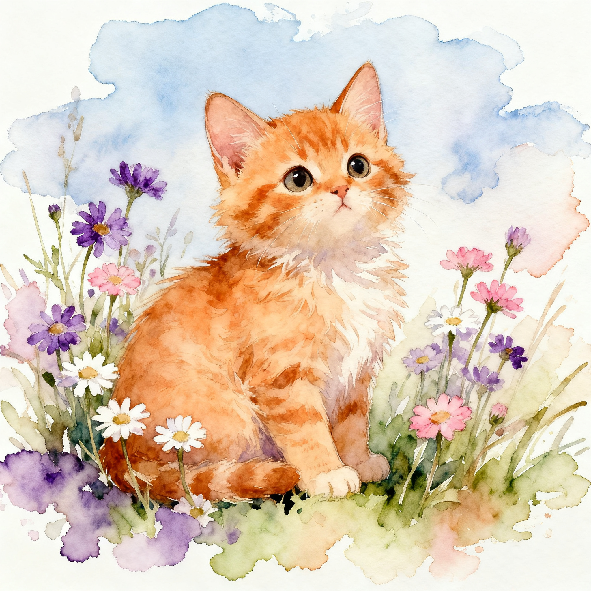 Cute Orange Cat Sitting Among Wildflowers