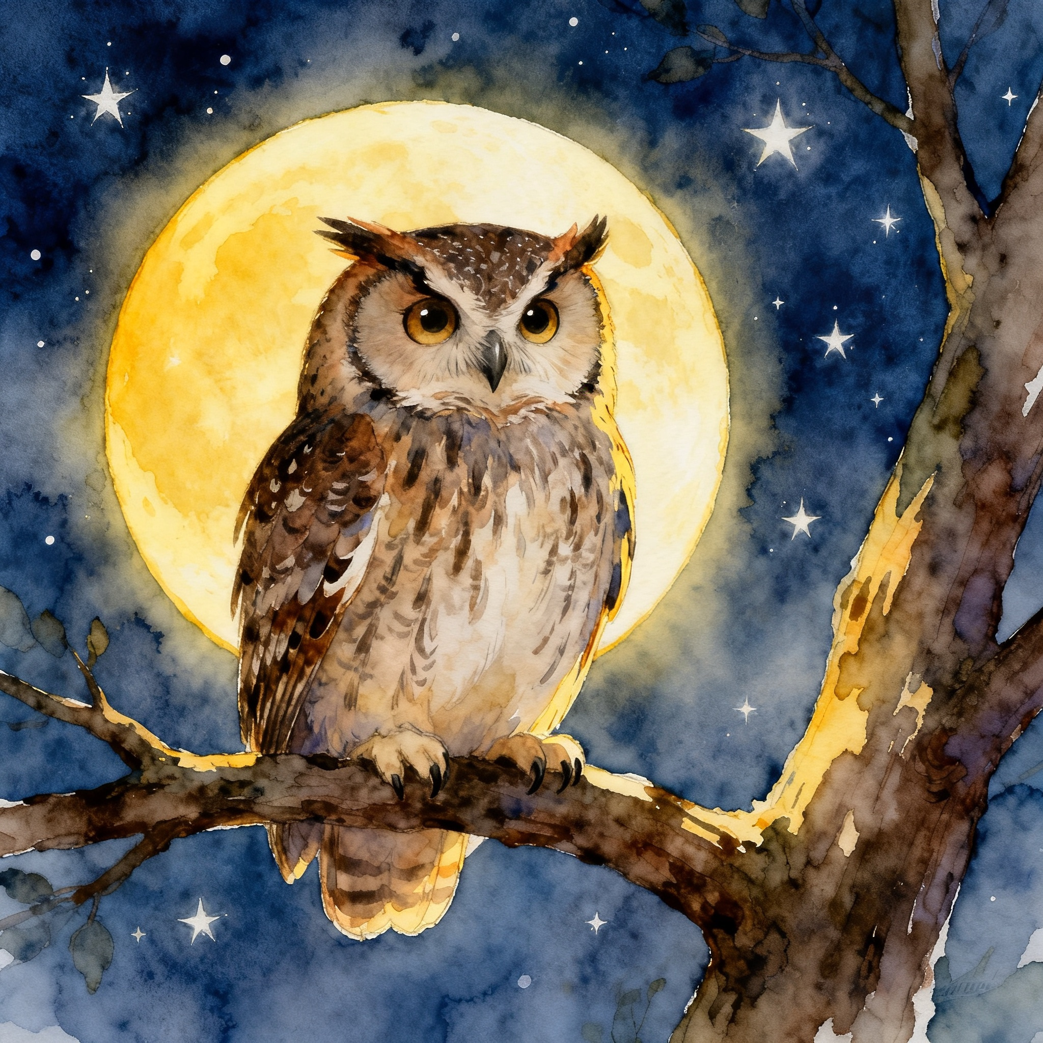Wise Owl Sitting On A Moonlit Tree Branch Clipart