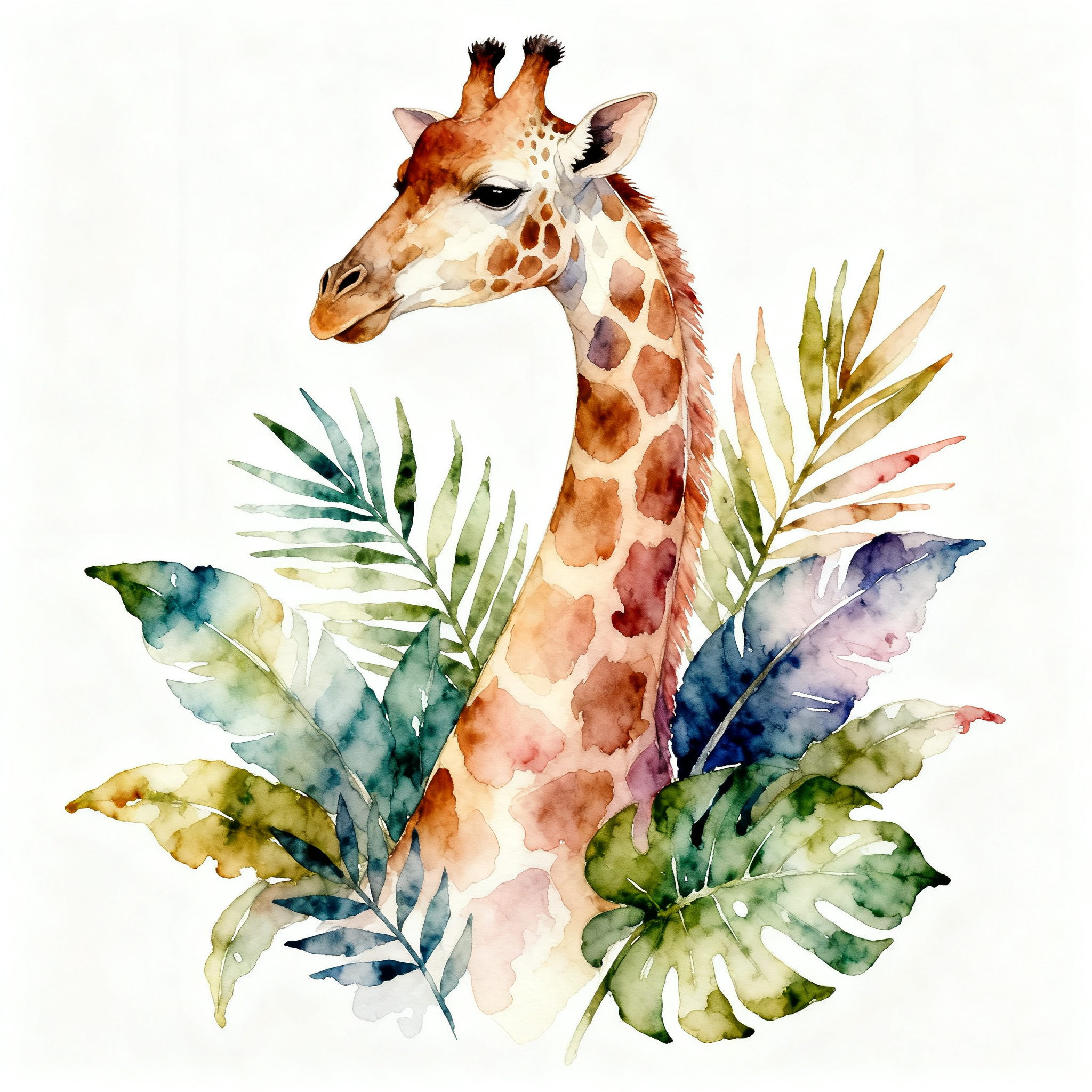 Elegant Giraffe Surrounded By Tropical Leaves Clipart