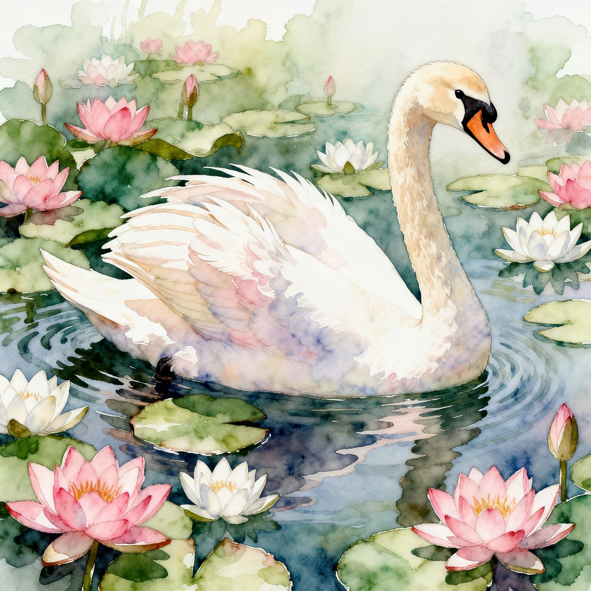 Graceful Swan Floating On A Flower Pond Clipart