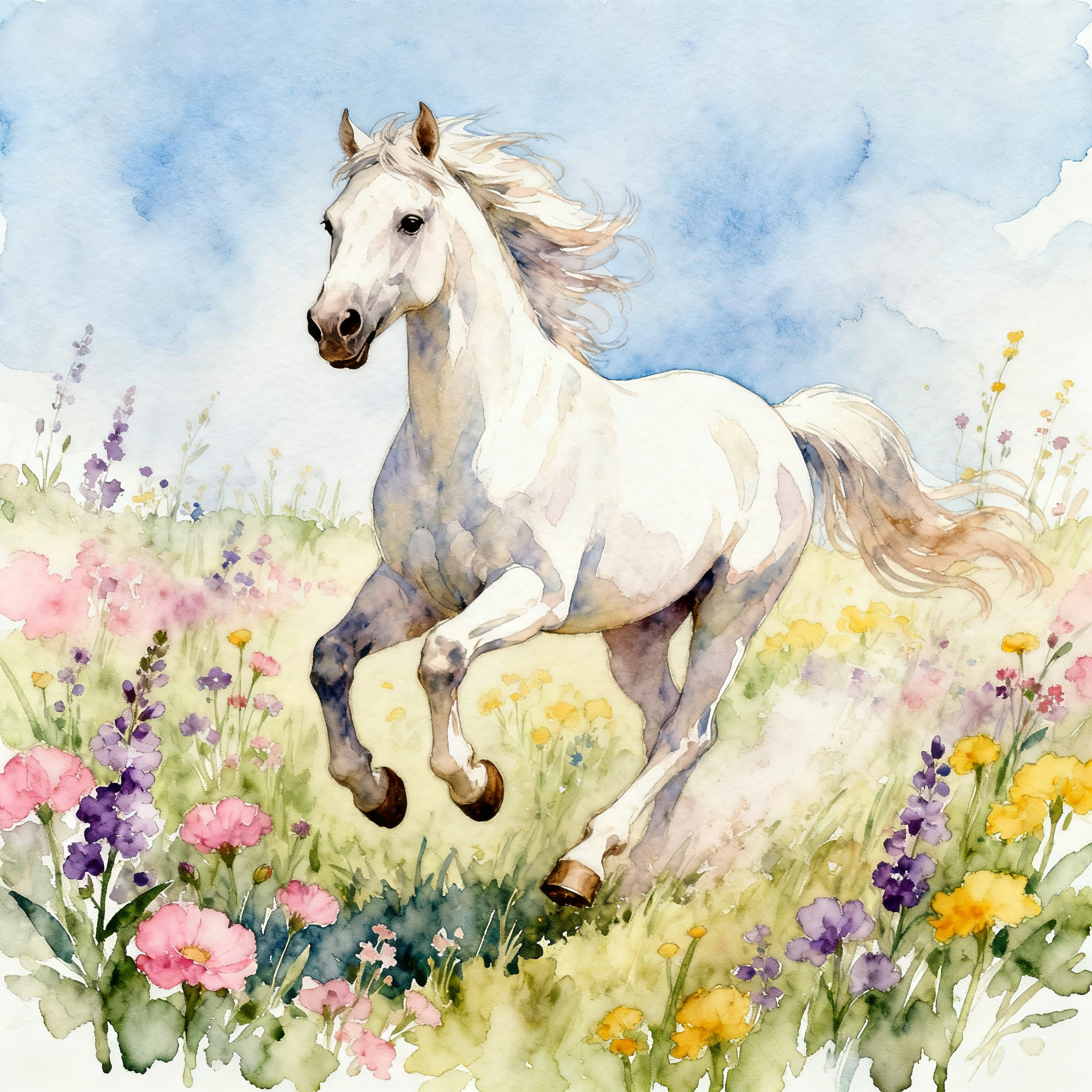 White Horse Running Across A Wildflower Field Clipart