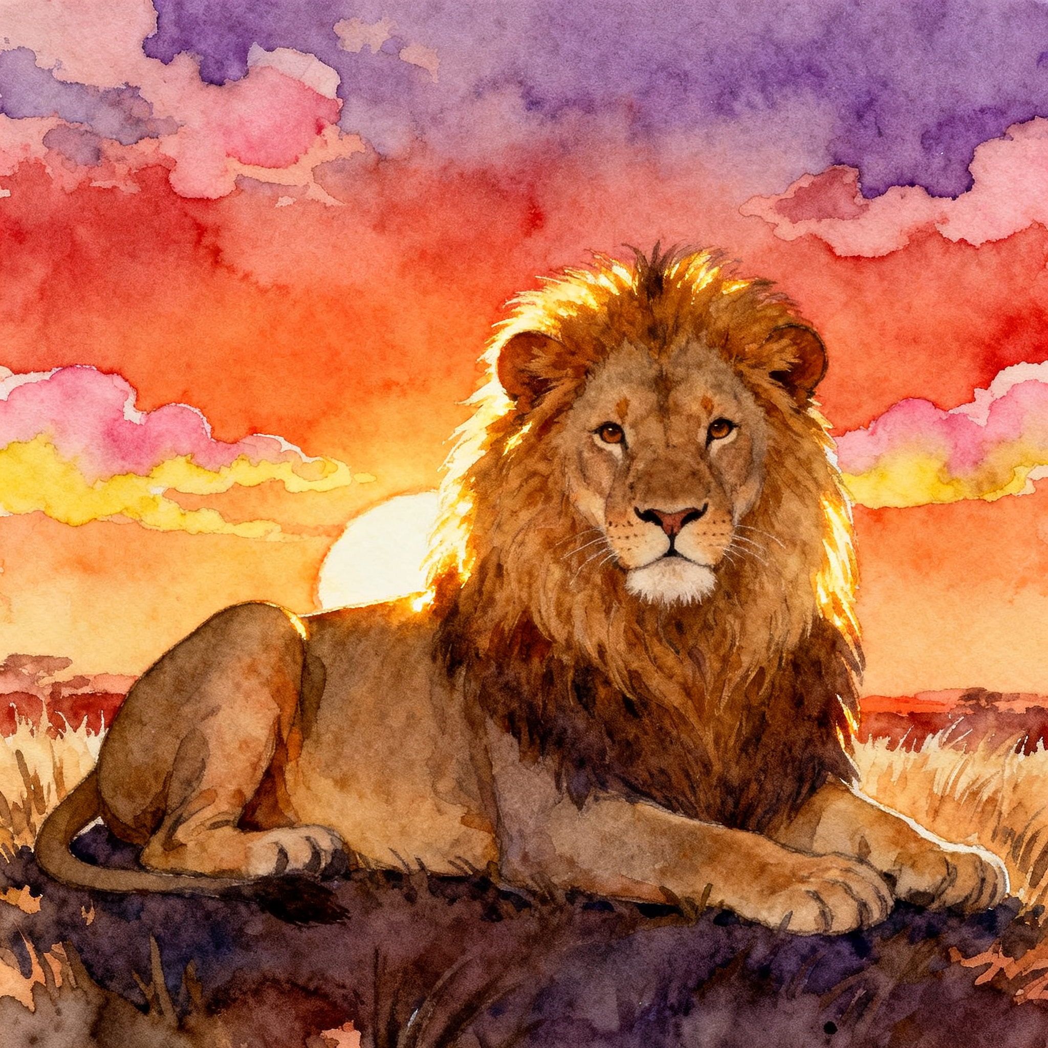 Lion Resting Beneath An African Sunset Clipart