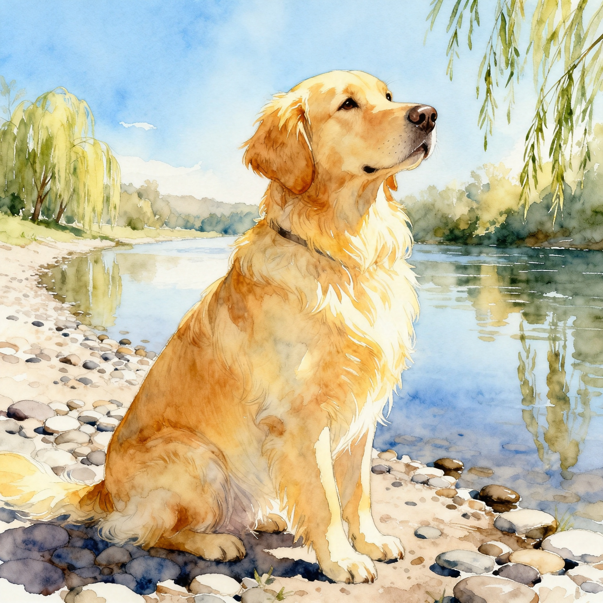 Golden Retriever Sitting Beside A Sunny Riverbank Clipart