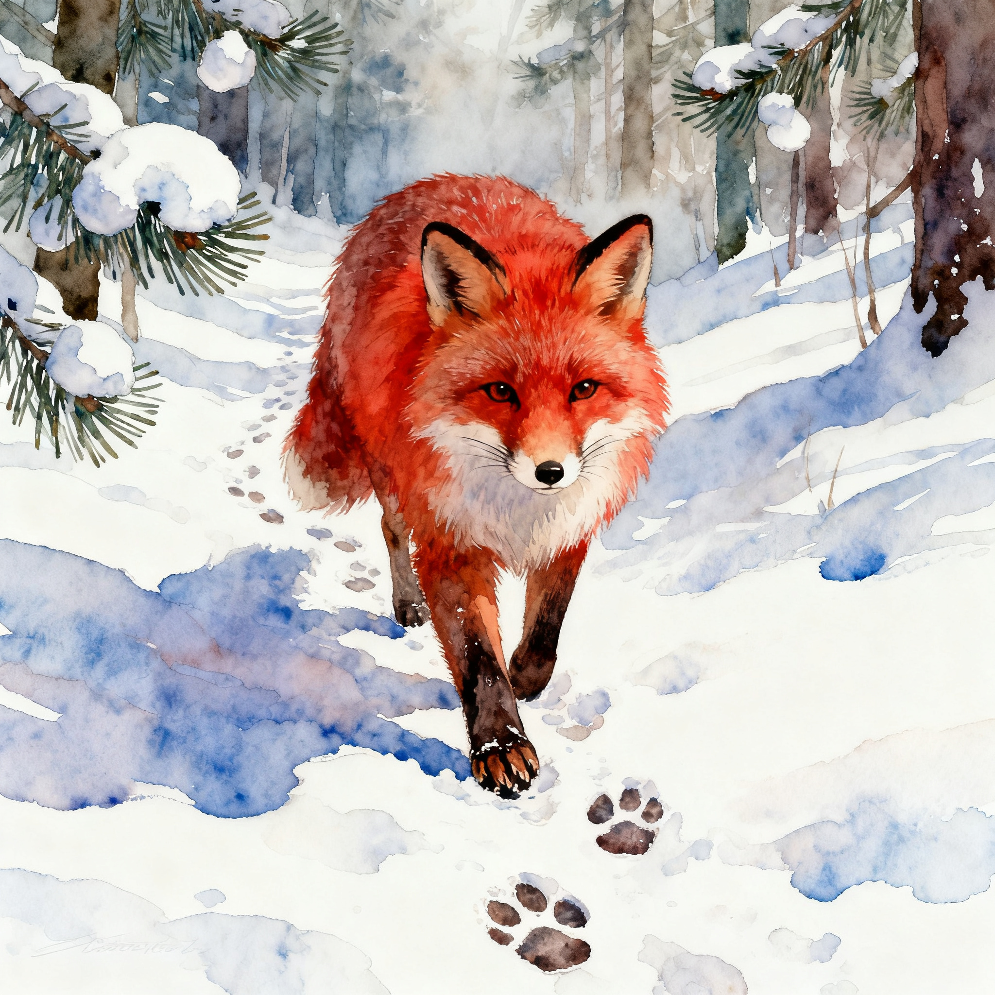 Red Fox Walking Through Snow Covered Forest Path Clipart