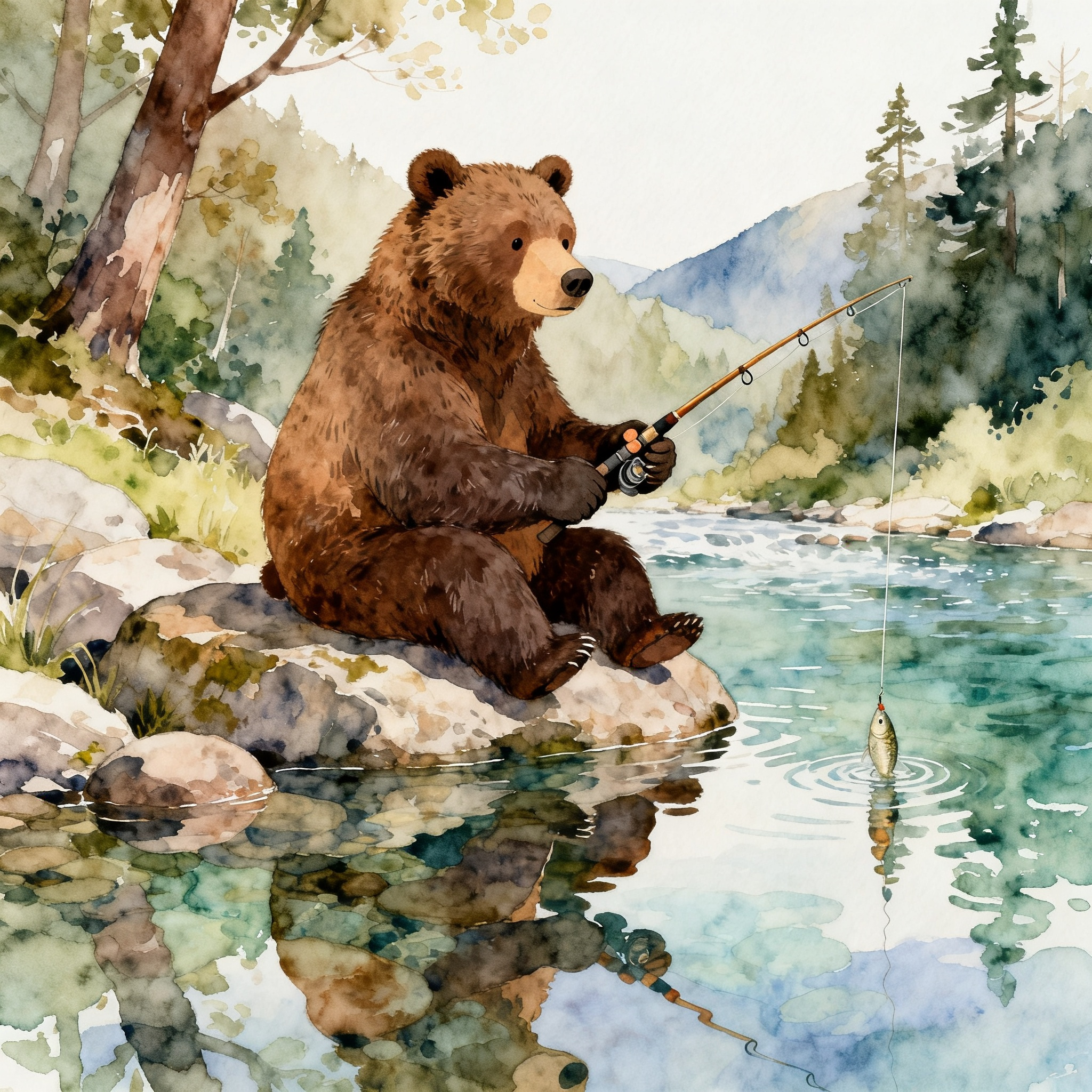 Brown Bear Fishing In A Clear Mountain Stream Clipart