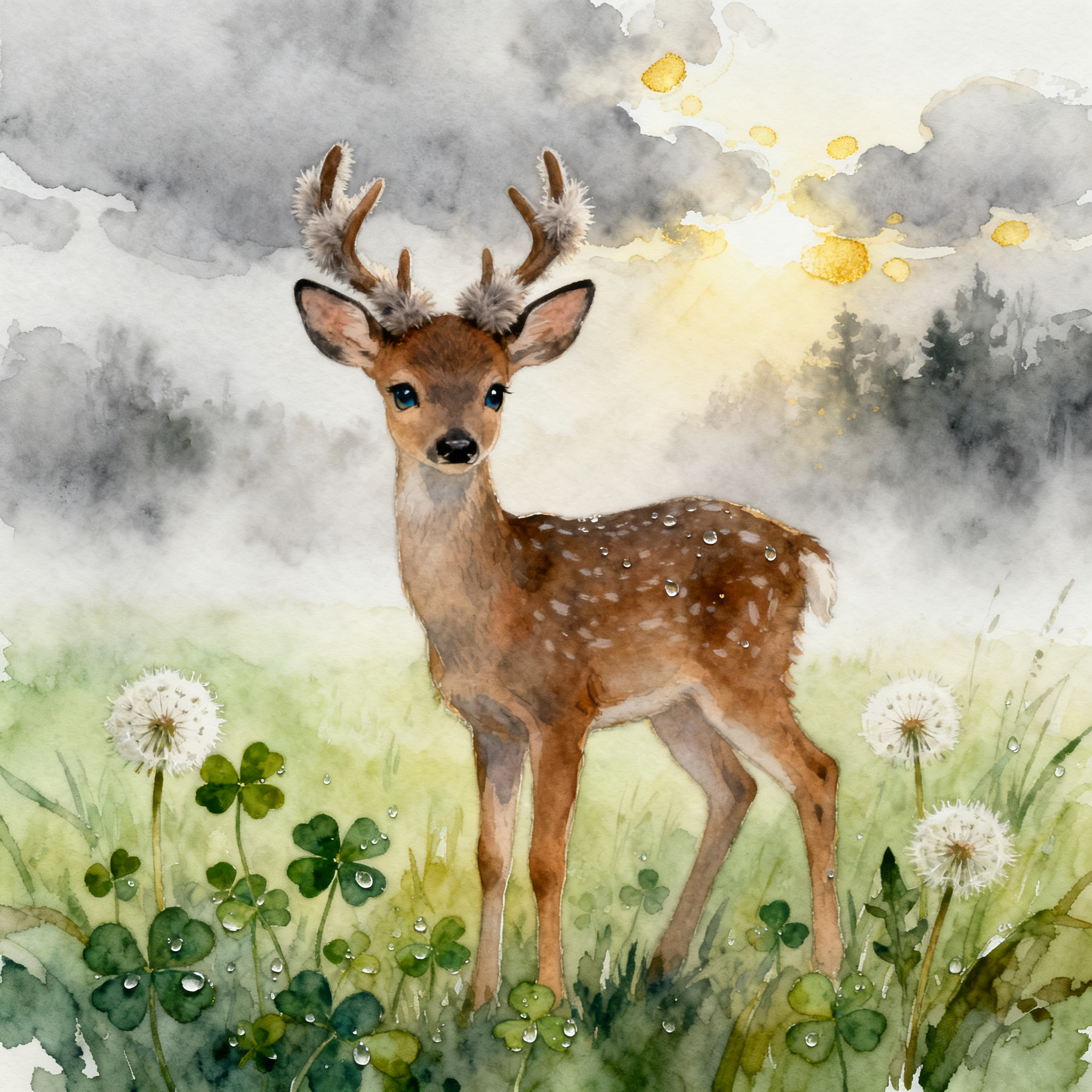 Baby Deer Standing In A Misty Morning Meadow Clipart