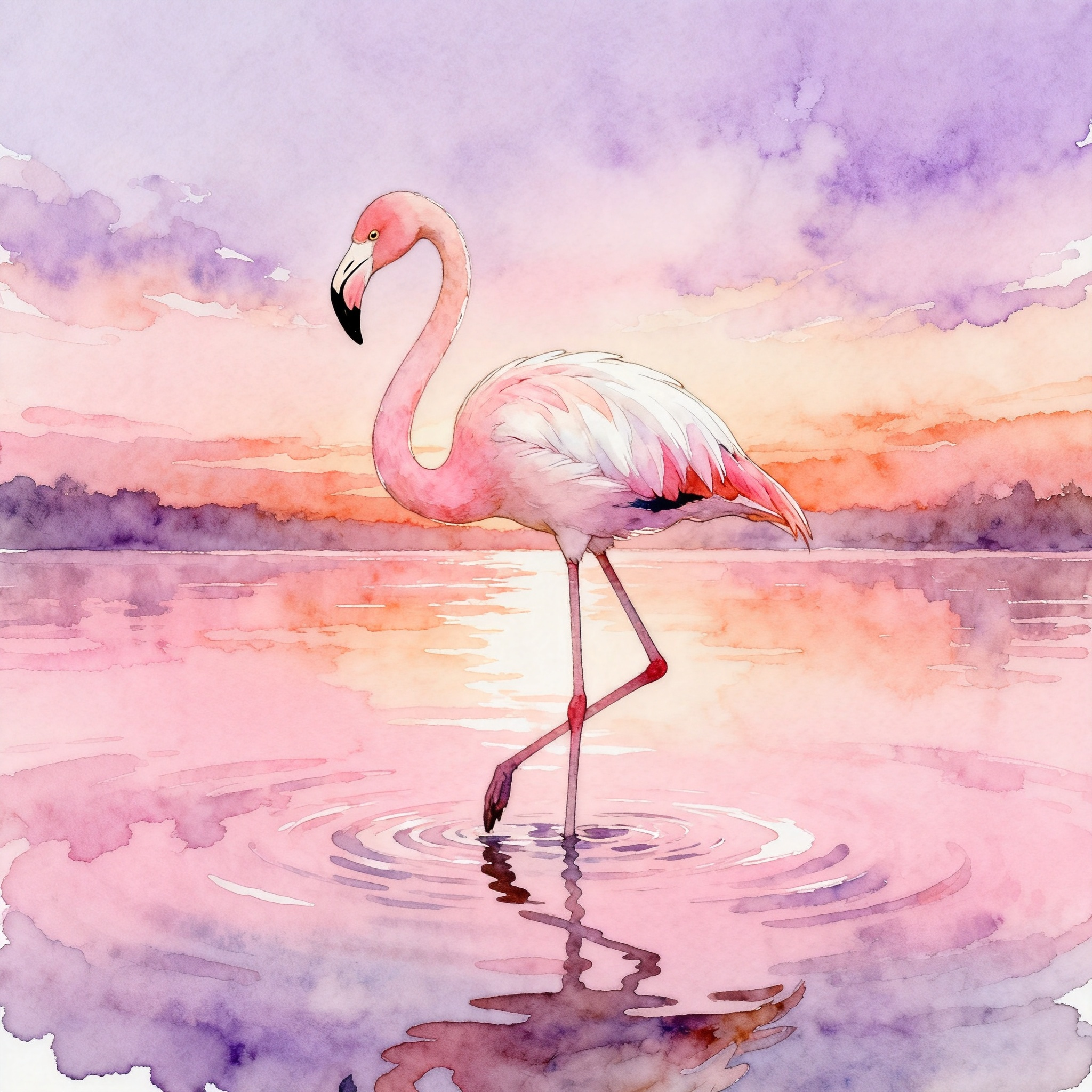 Flamingo Standing In A Calm Pink Sunset Lake Clipart