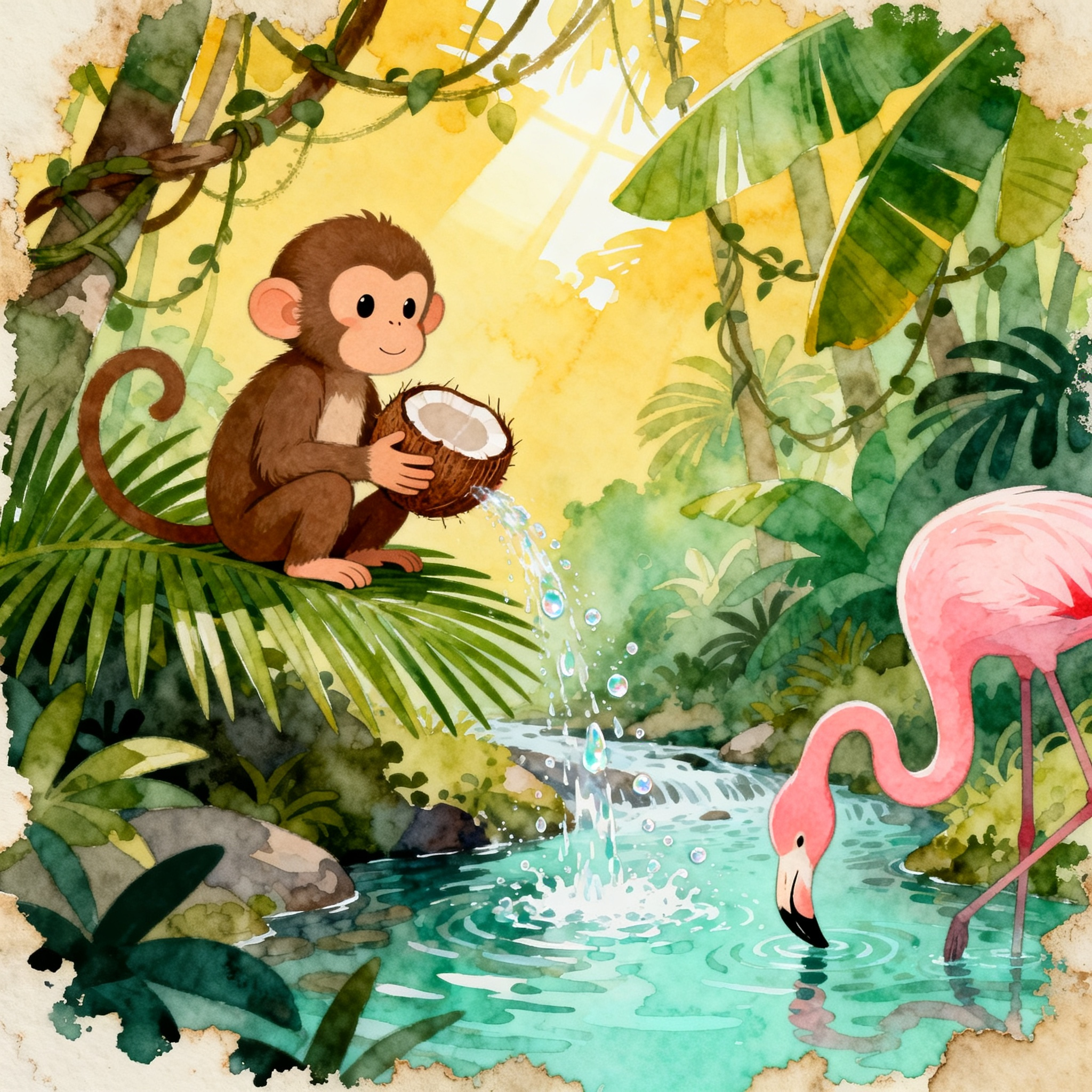 Baby Elephant Spraying Water In A Tropical Jungle River Clipart