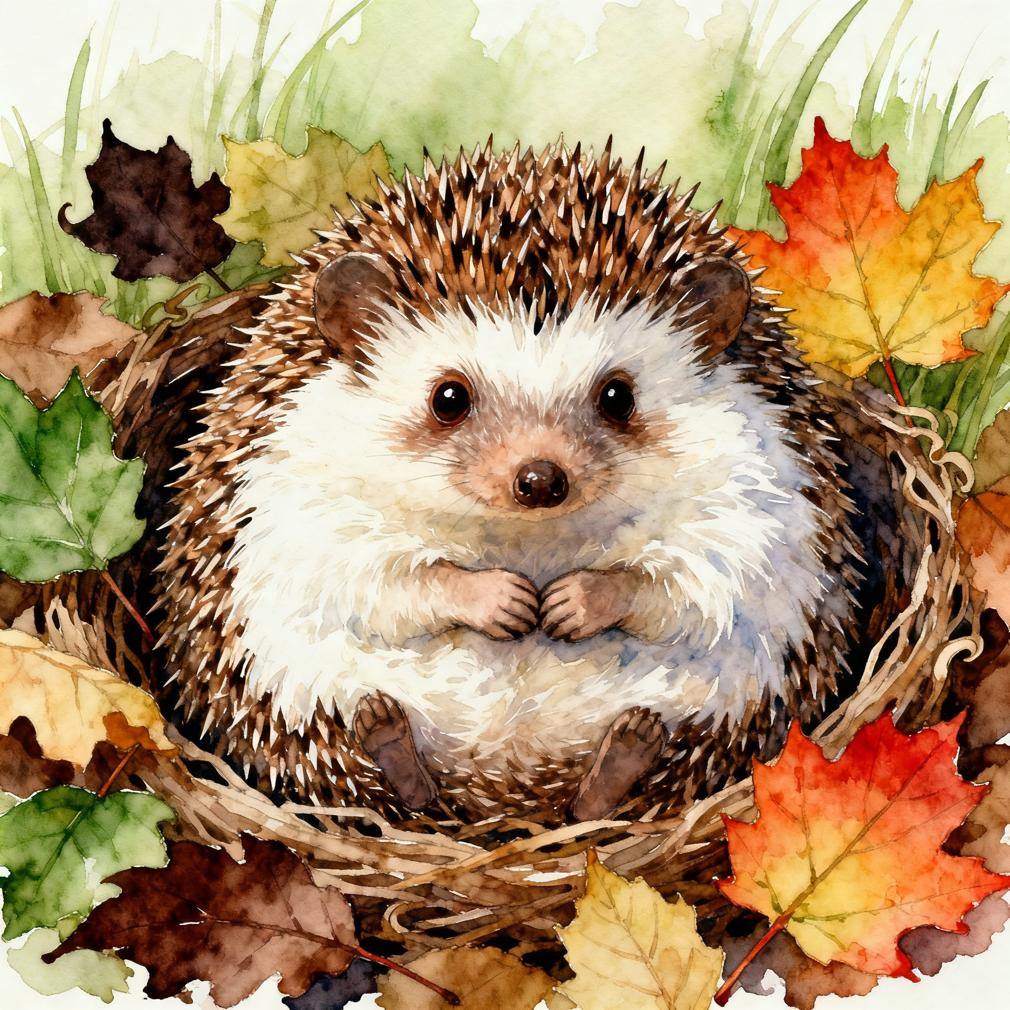 animal-34-4.jpg Hedgehog Curled Up In A Cozy Forest Leaves Nest Clipart