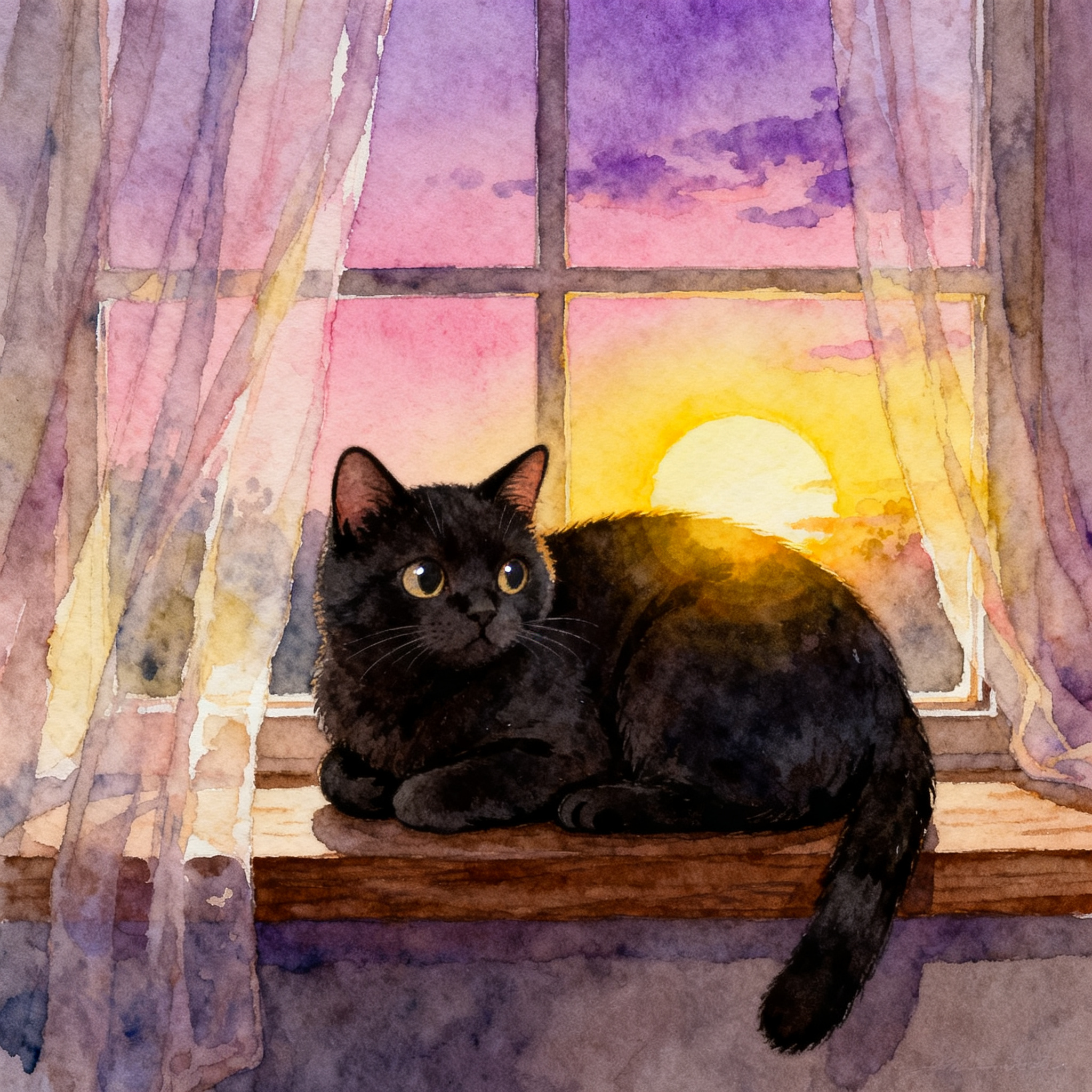Black Cat Sitting On Windowsill With Evening Light Clipart
