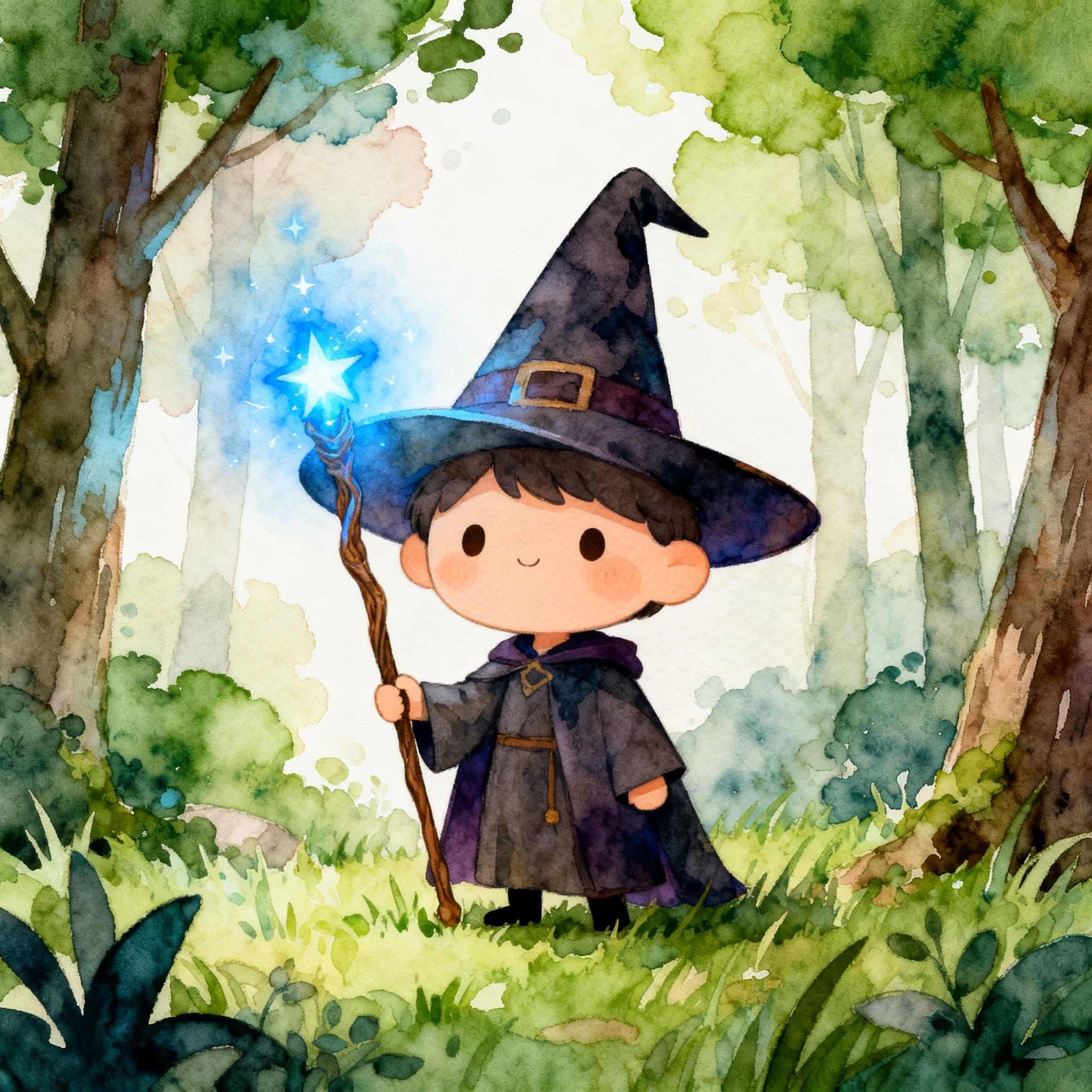Cute Wizard Holding A Glowing Magic Staff In Enchanted Forest Clipart