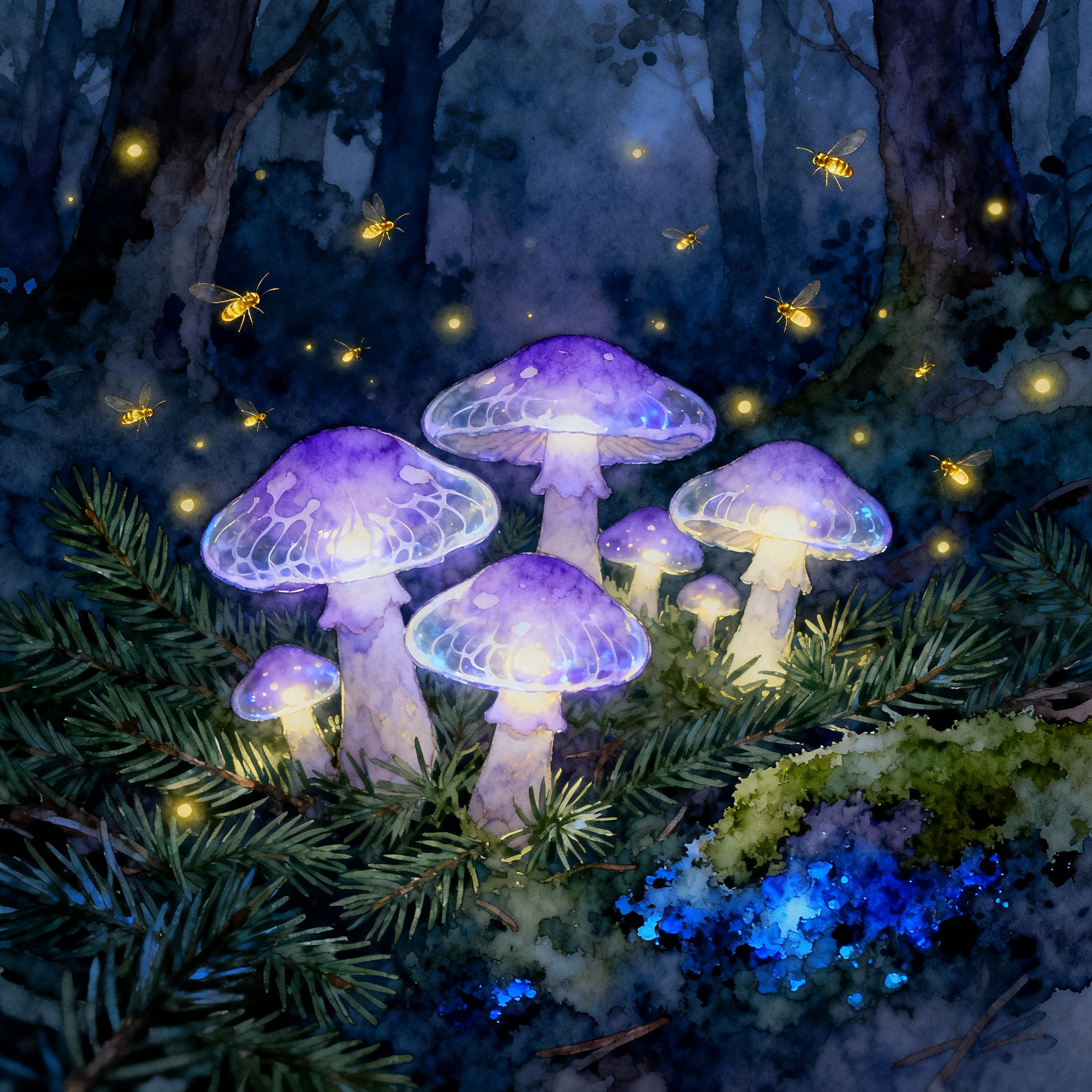 Magical Forest With Glowing Mushrooms And Fireflies At Night Clipart