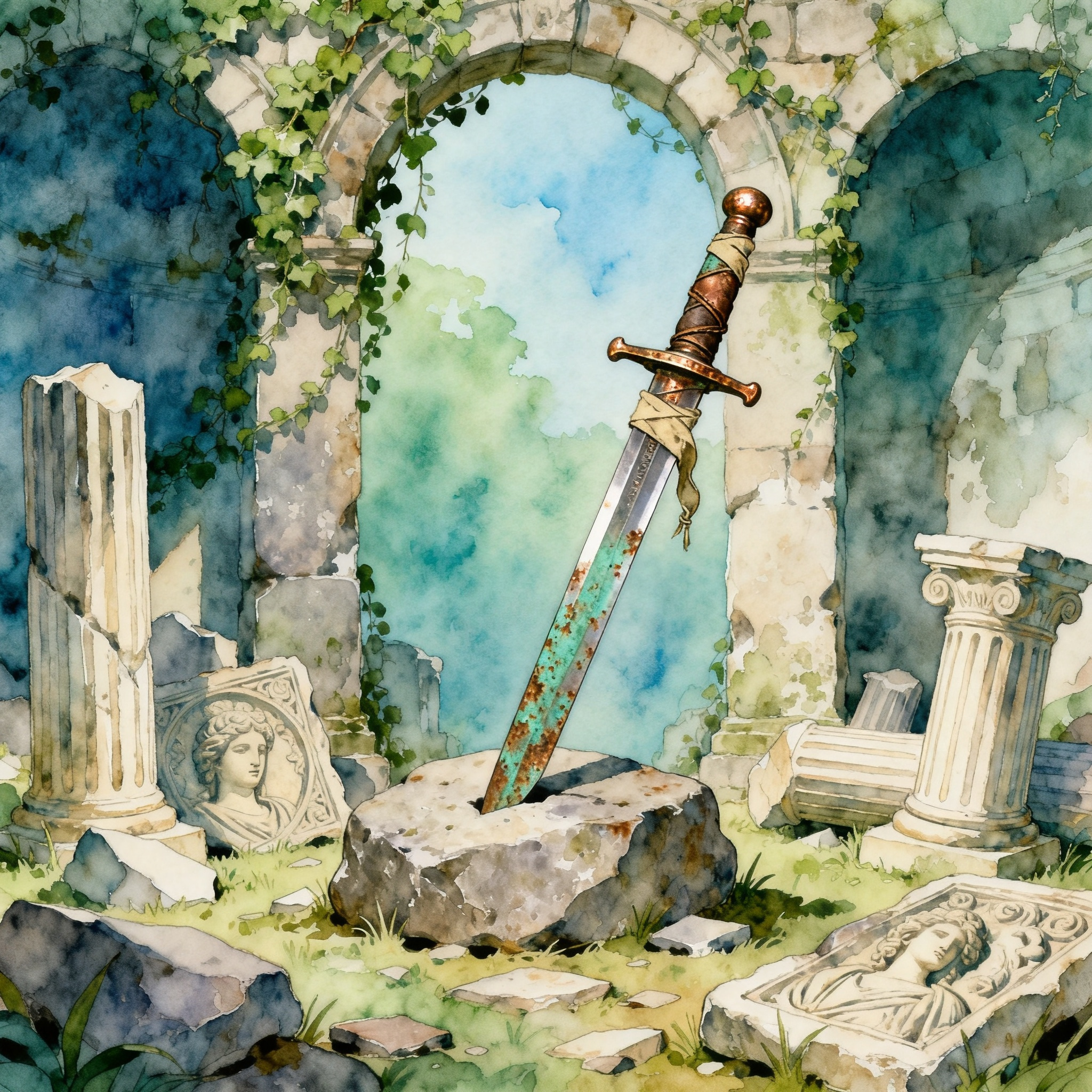 Enchanted Sword Stuck In A Stone Inside Ancient Ruins Clipart