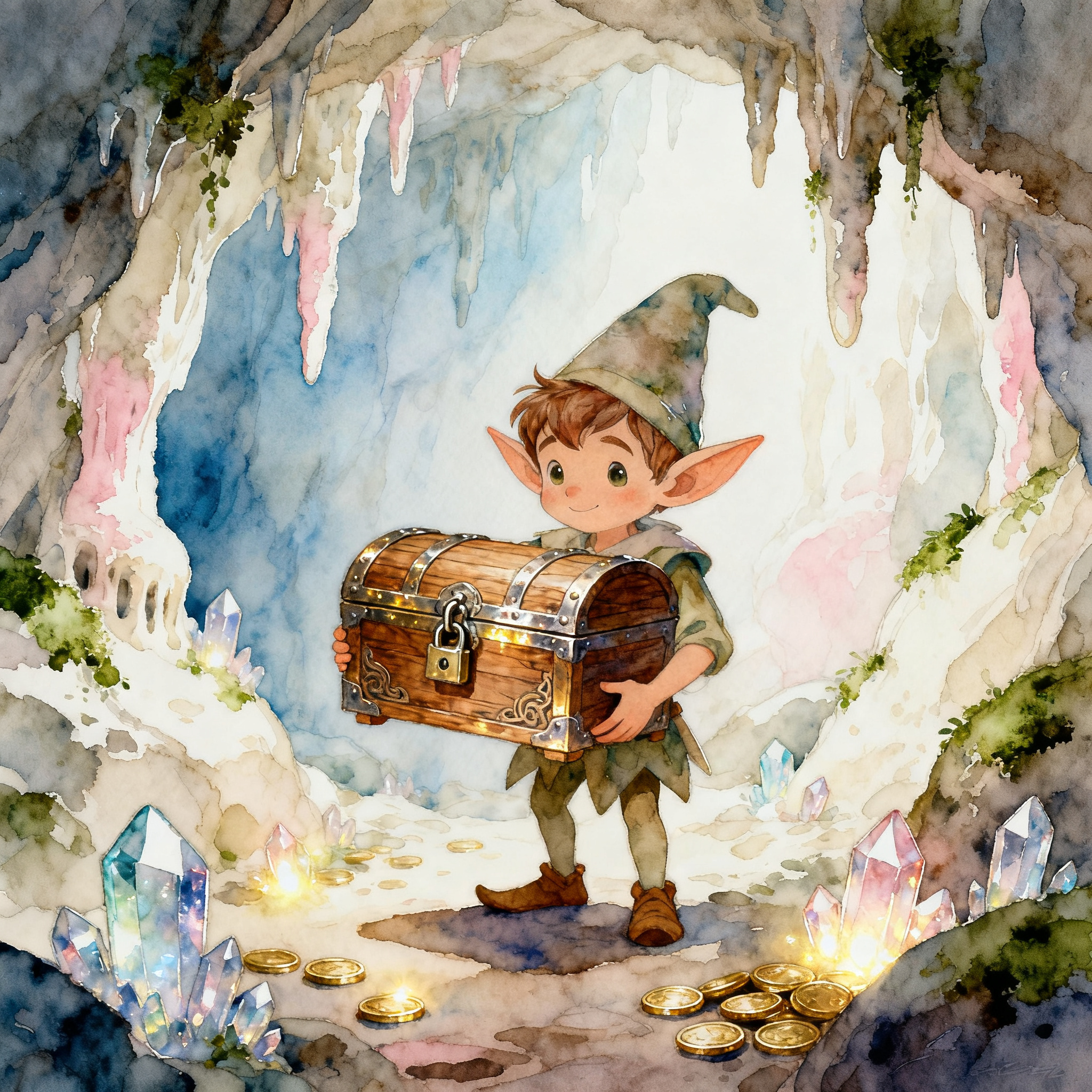 Cute Goblin Holding A Treasure Chest In A Cave Clipart