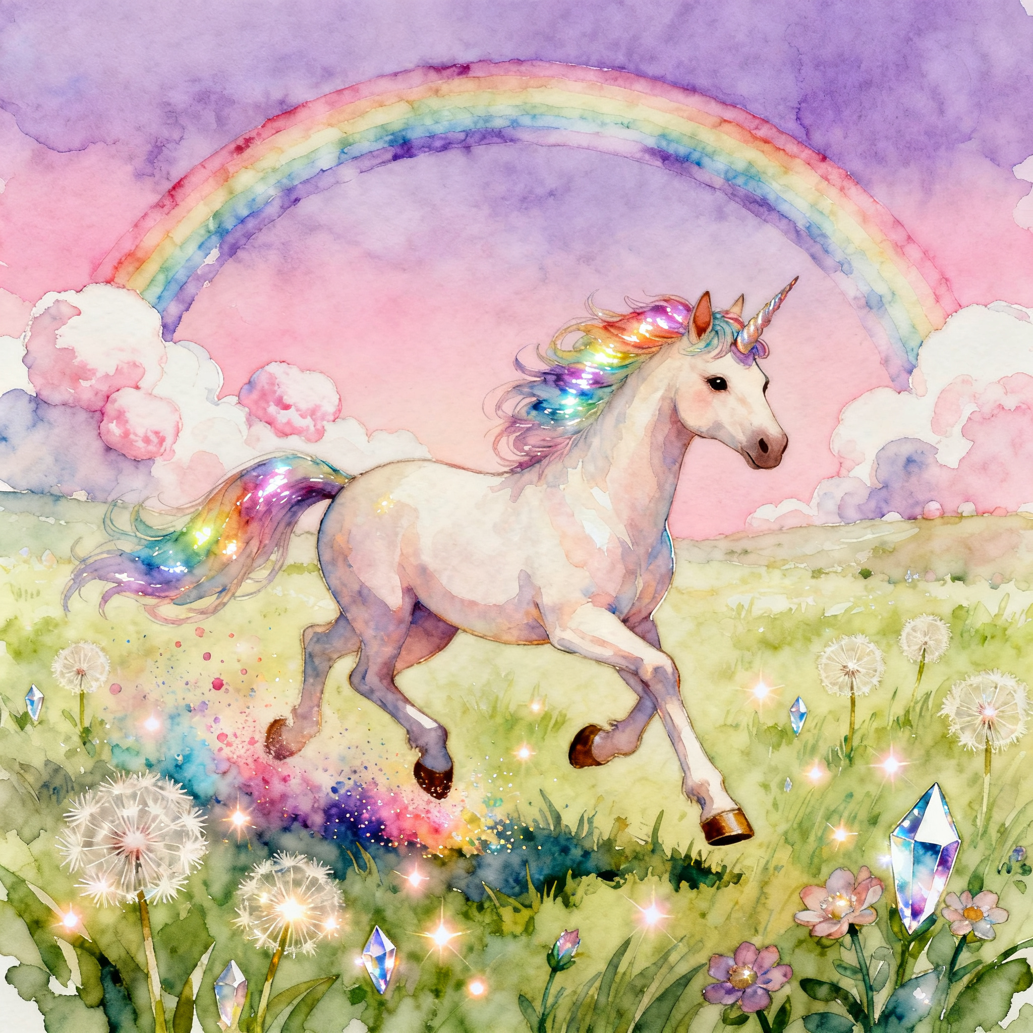 Mystical Unicorn Running Through A Rainbow Fantasy Meadow Clipart