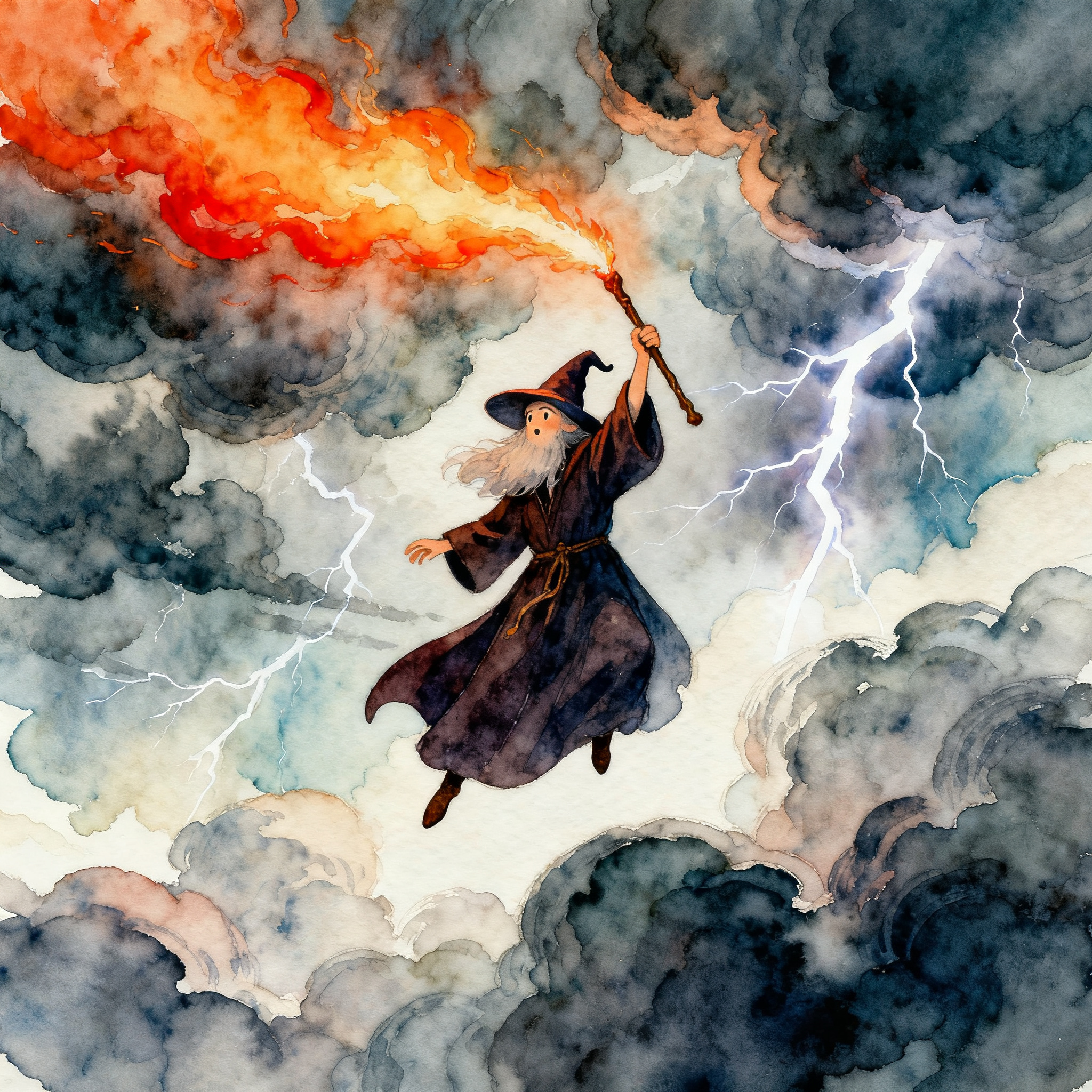 Dark Wizard Casting Fire Magic In A Stormy Sky Clipart