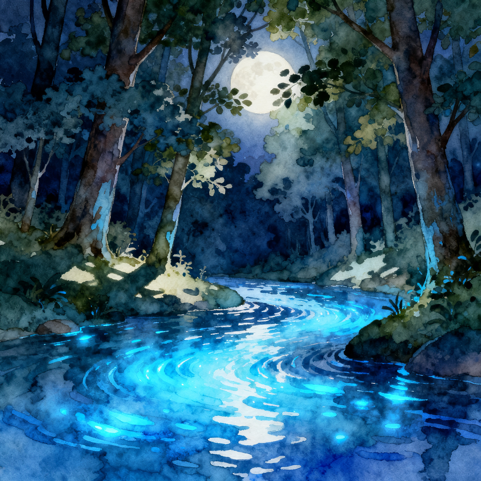 Fantasy Forest River With Glowing Blue Water At Night Clipart