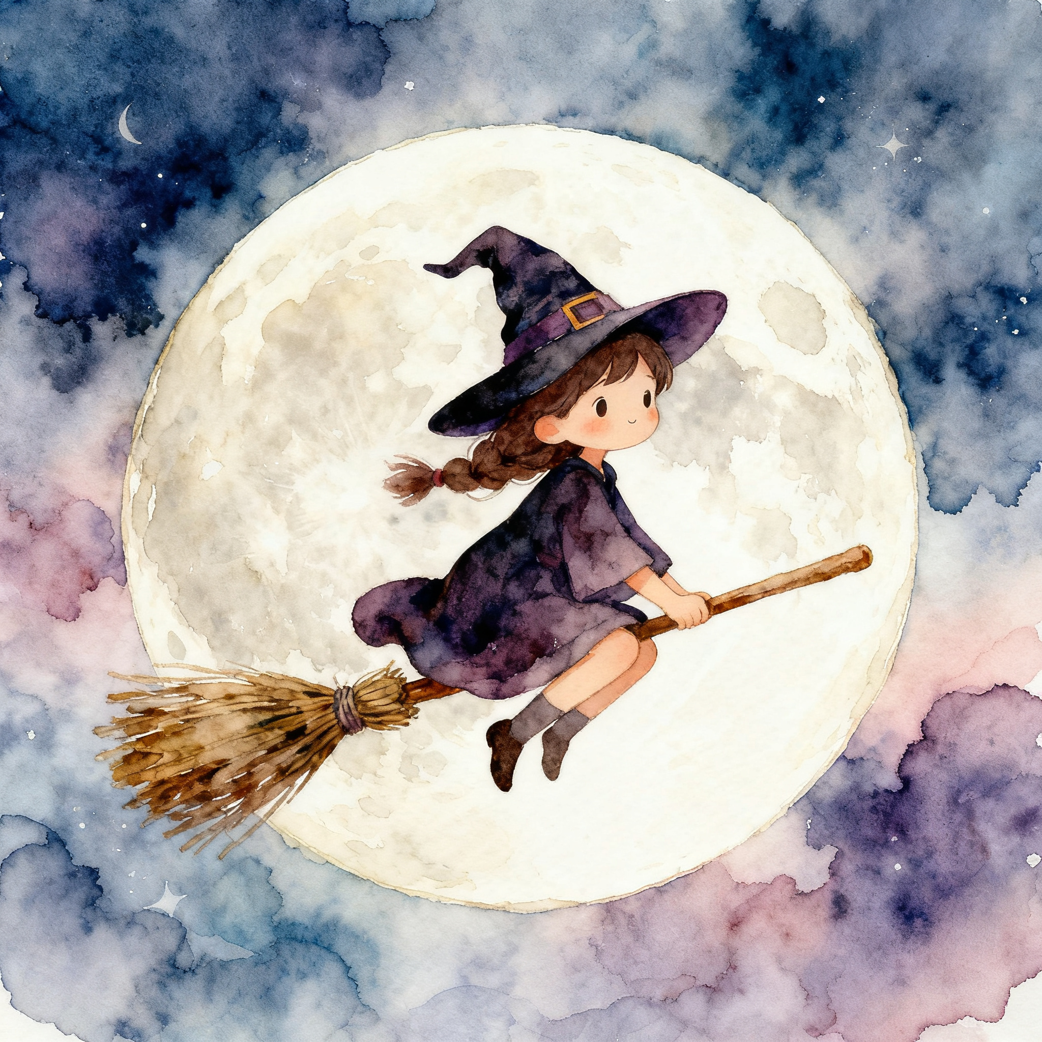 Witch Flying On A Broomstick Under A Full Moon Sky Clipart