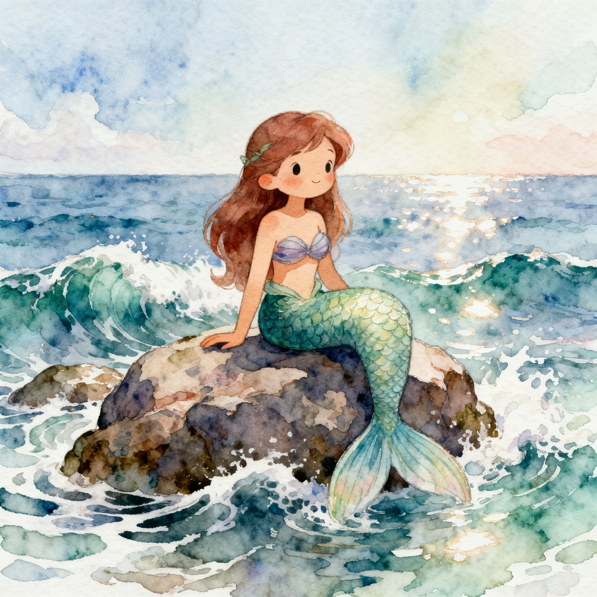 Cute Mermaid Sitting On A Rock In Shimmering Ocean Waves Clipart