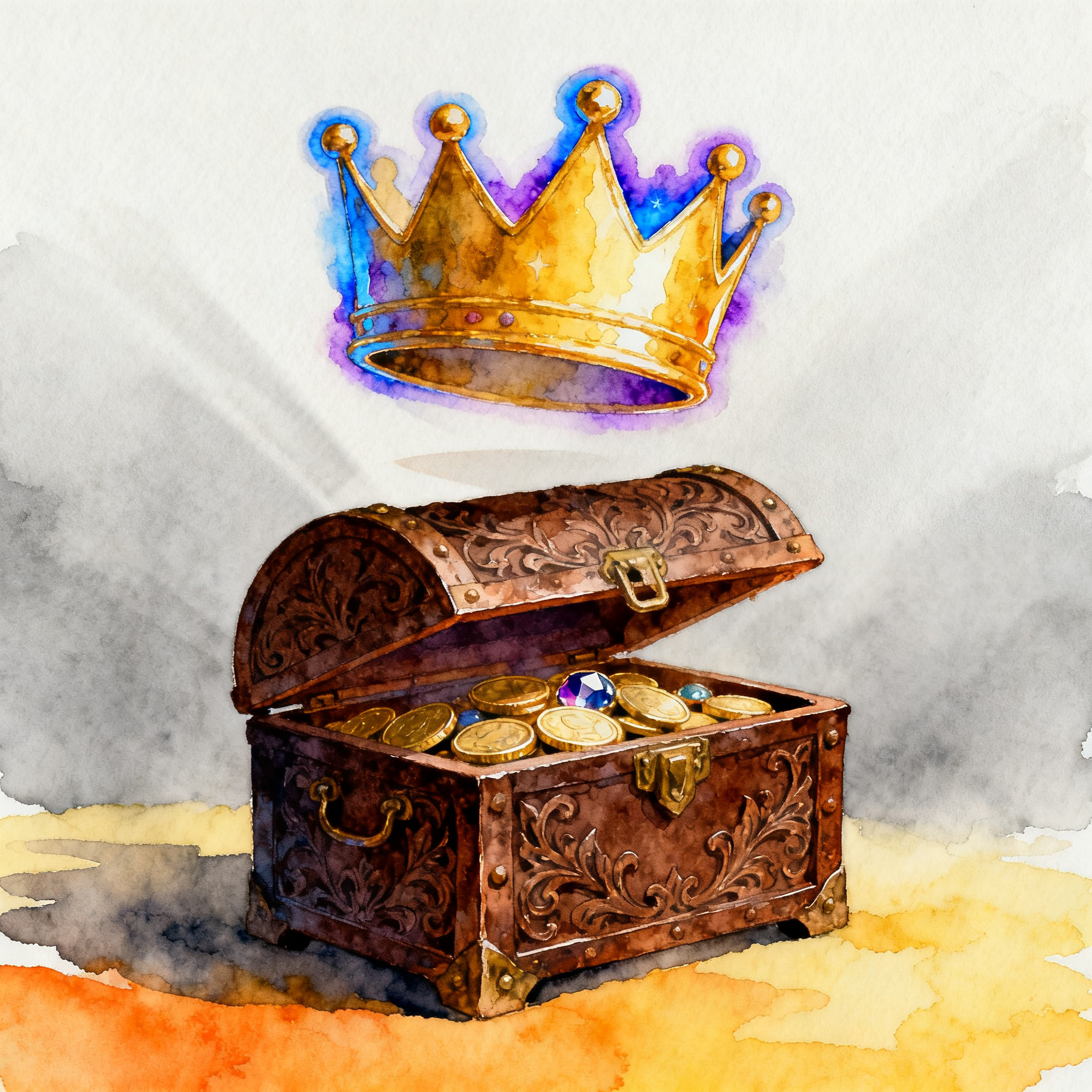 Magic Crown Floating Above Ancient Royal Treasure Chest Clipart