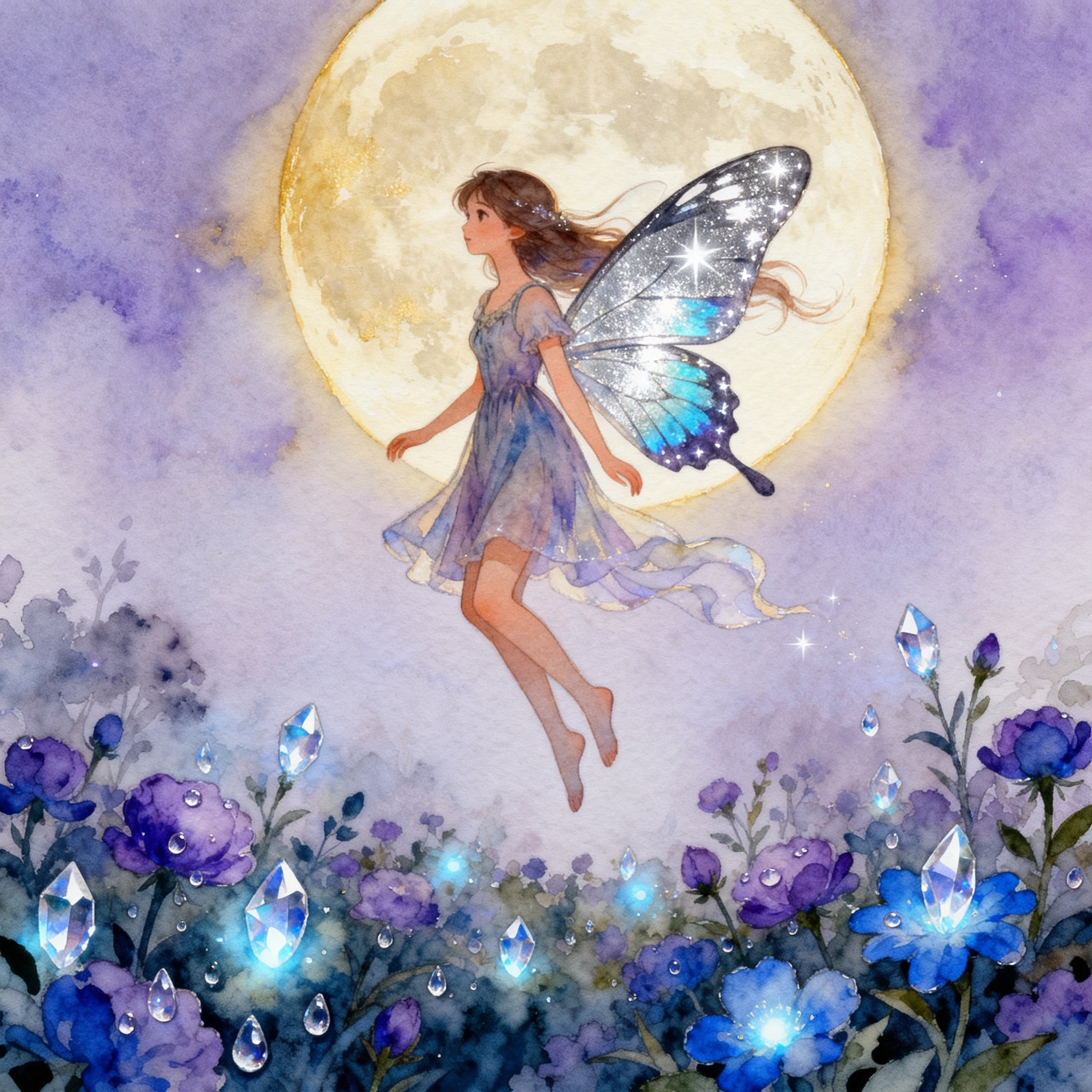 Fairy With Sparkling Wings Flying Over A Moonlit Garden Clipart