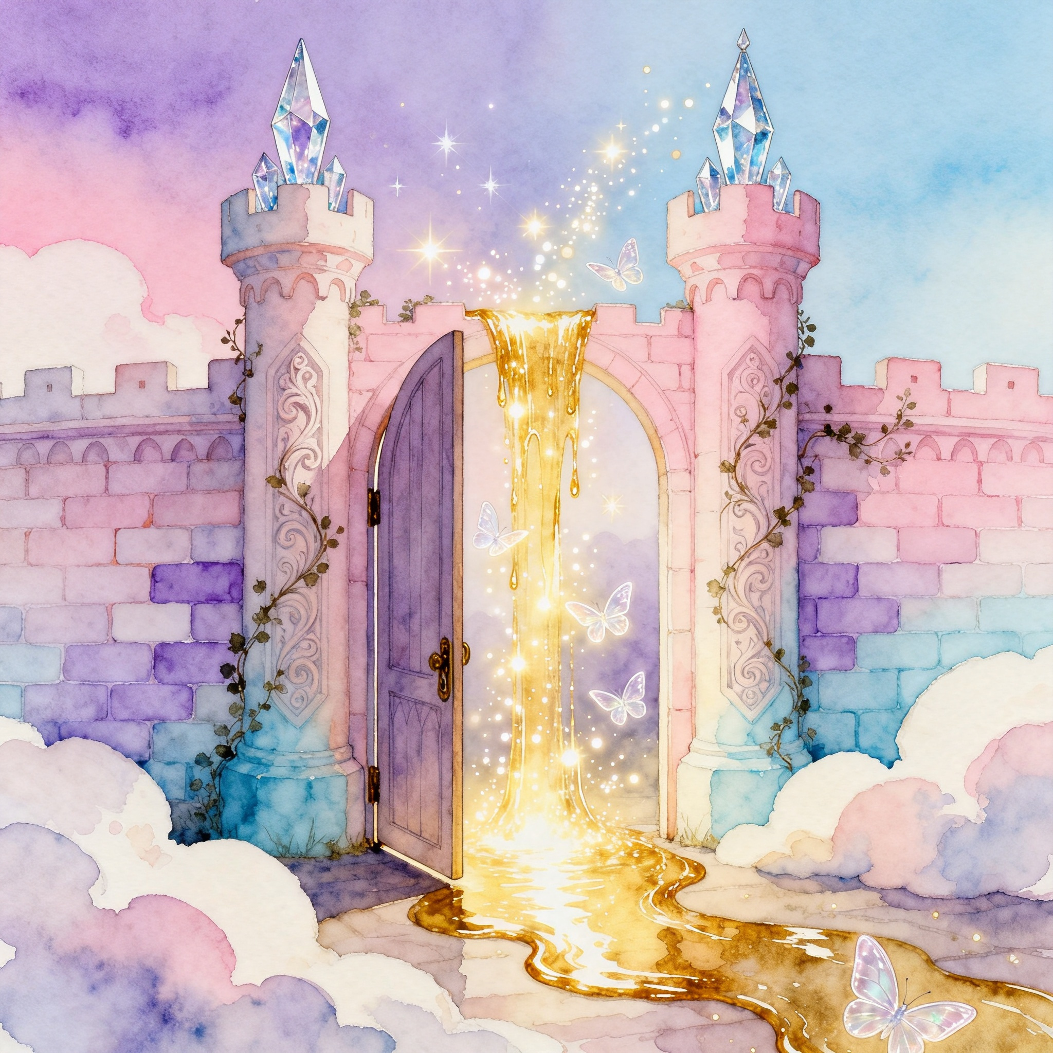 Fantasy Castle Gate Opening To A Magical Golden Light Clipart