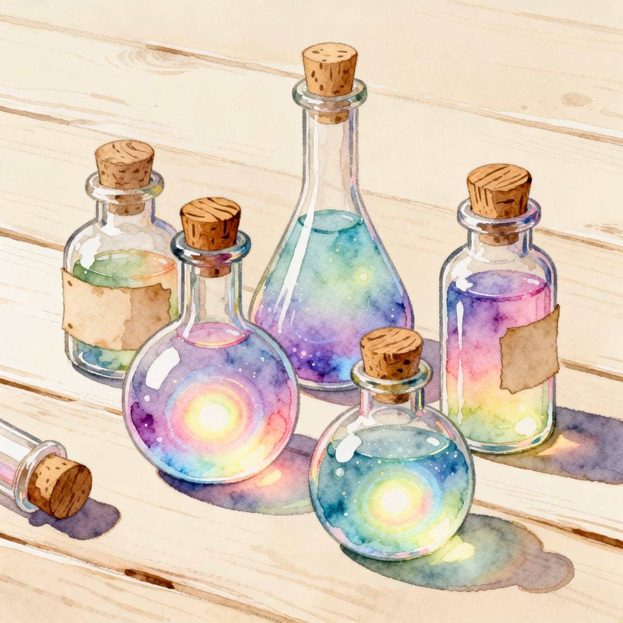 Magic Potion Bottles With Glowing Colorful Liquid On Wooden Table Clipart