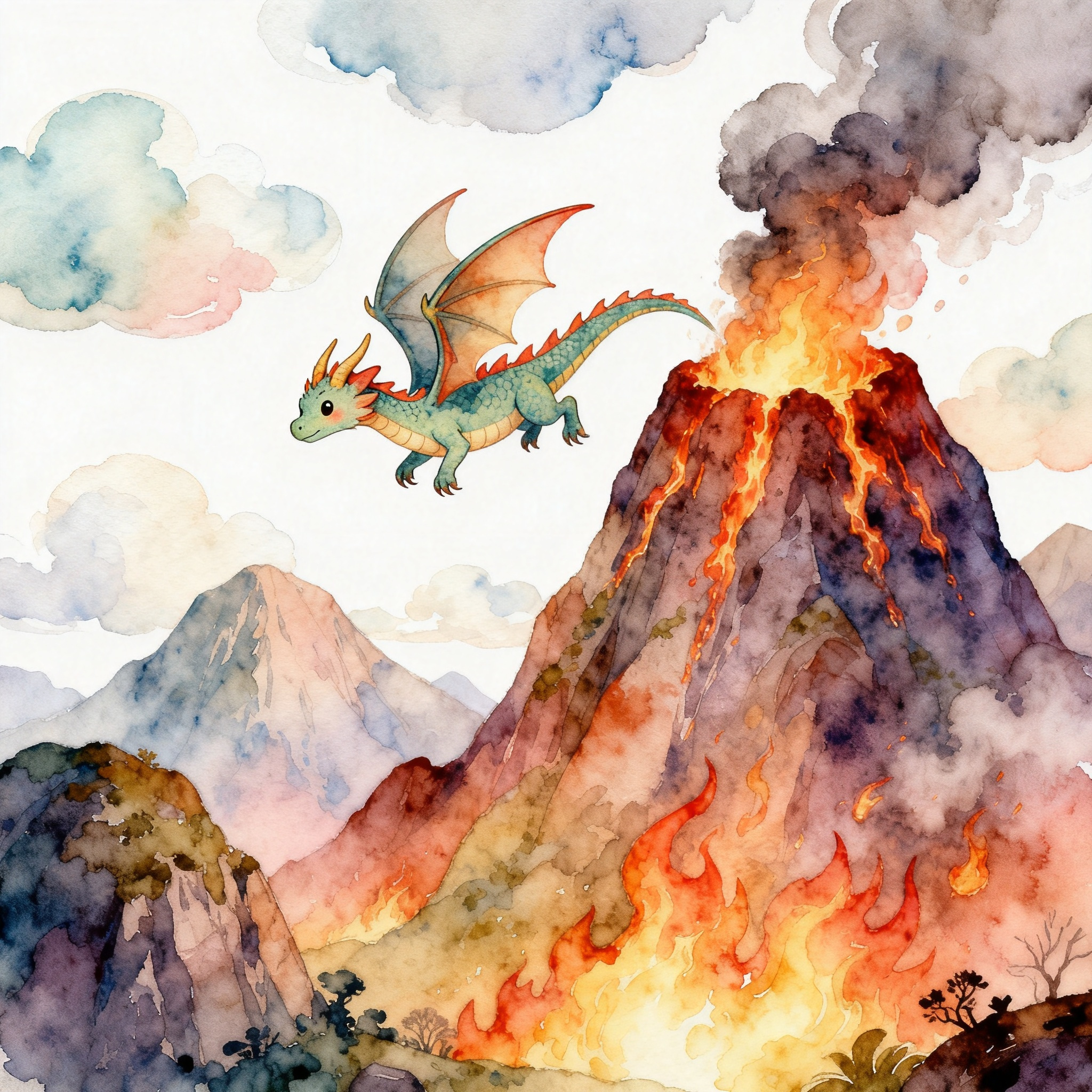 Dragon Flying Over A Burning Fantasy Mountain Landscape Clipart