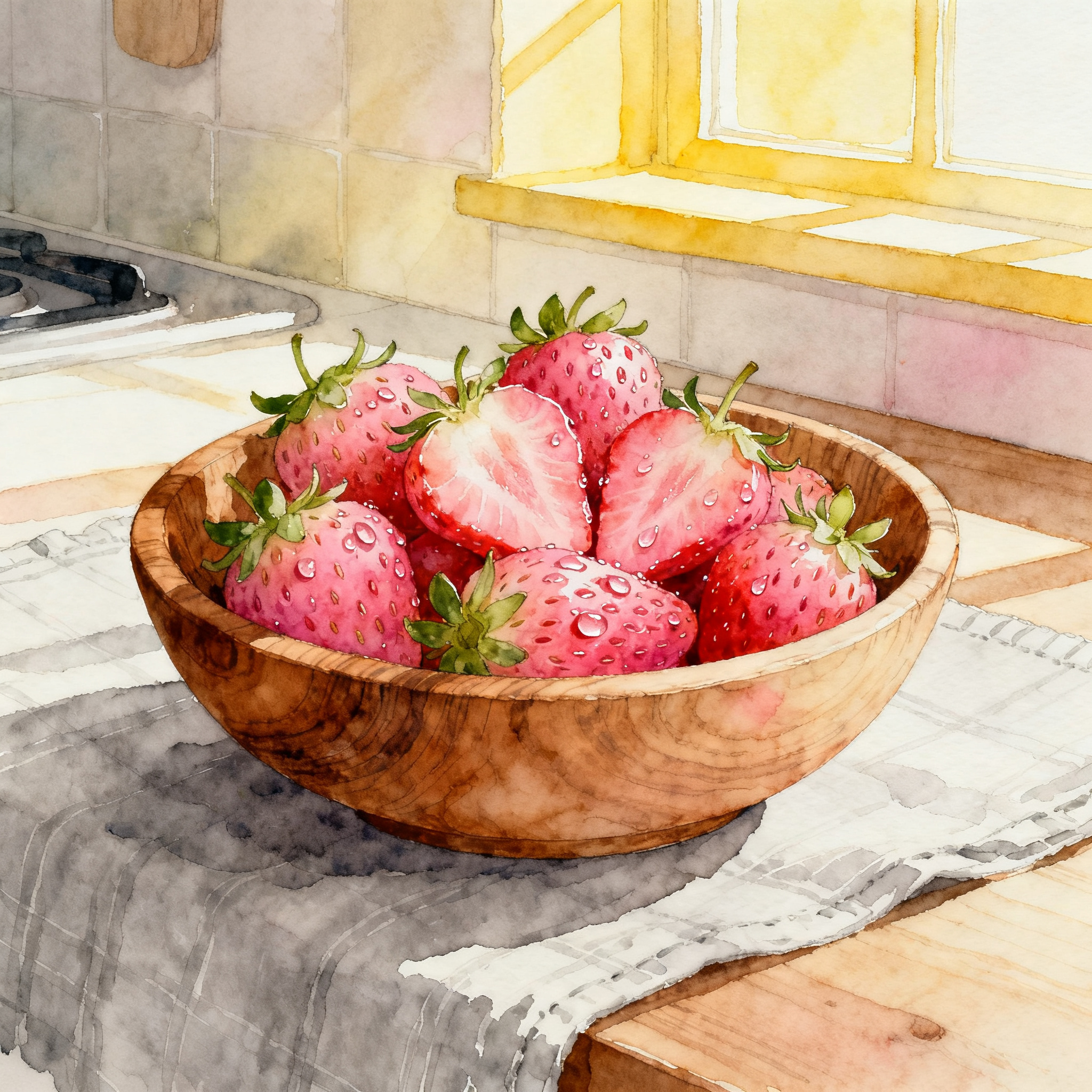 Fresh Strawberries In A Rustic Wooden Bowl On Kitchen Table Clipart