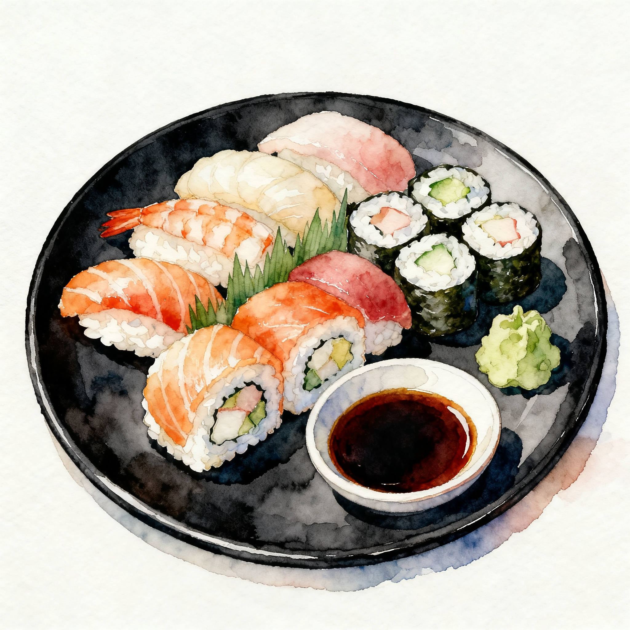 Sushi Platter With Assorted Rolls And Soy Sauce On Black Plate Clipart