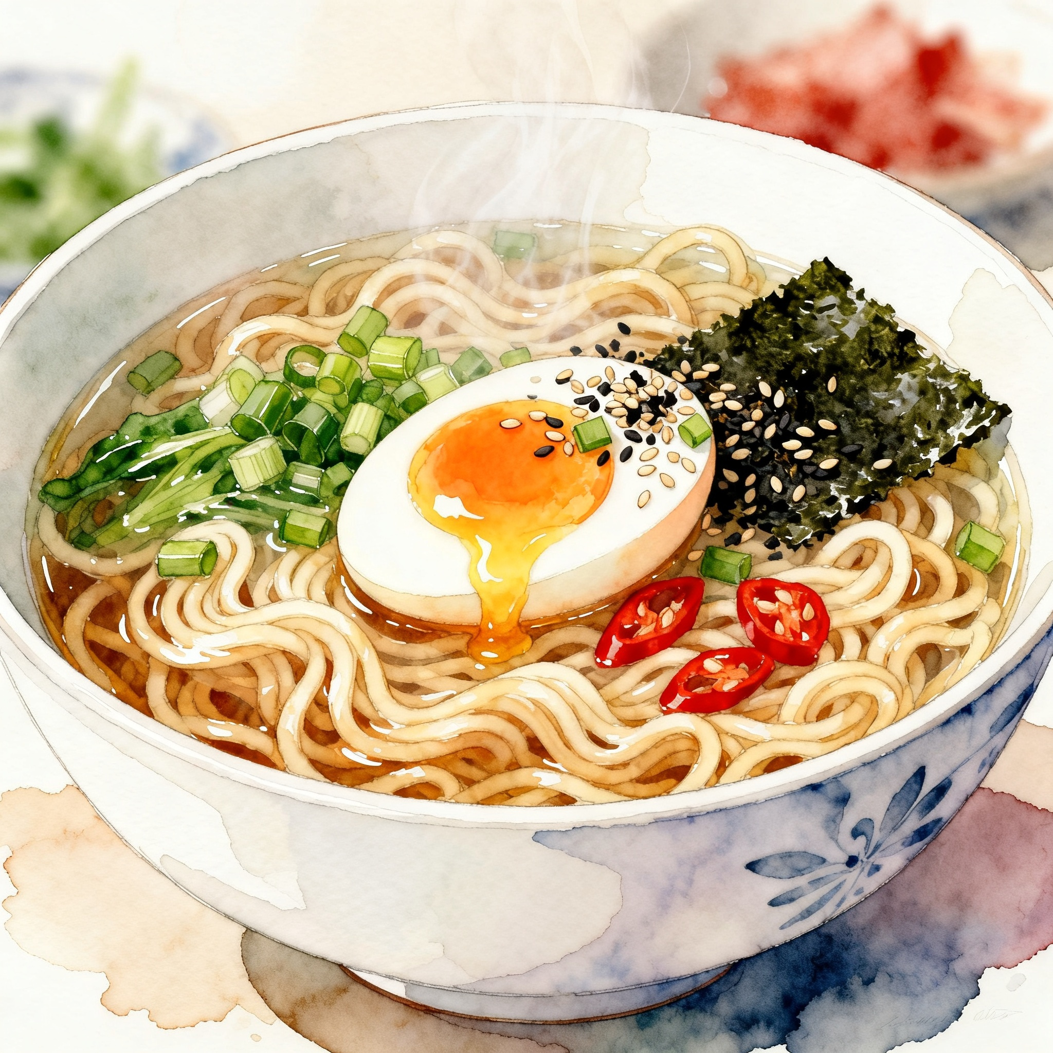 Bowl Of Ramen Noodles With Egg And Vegetables In Hot Broth Clipart