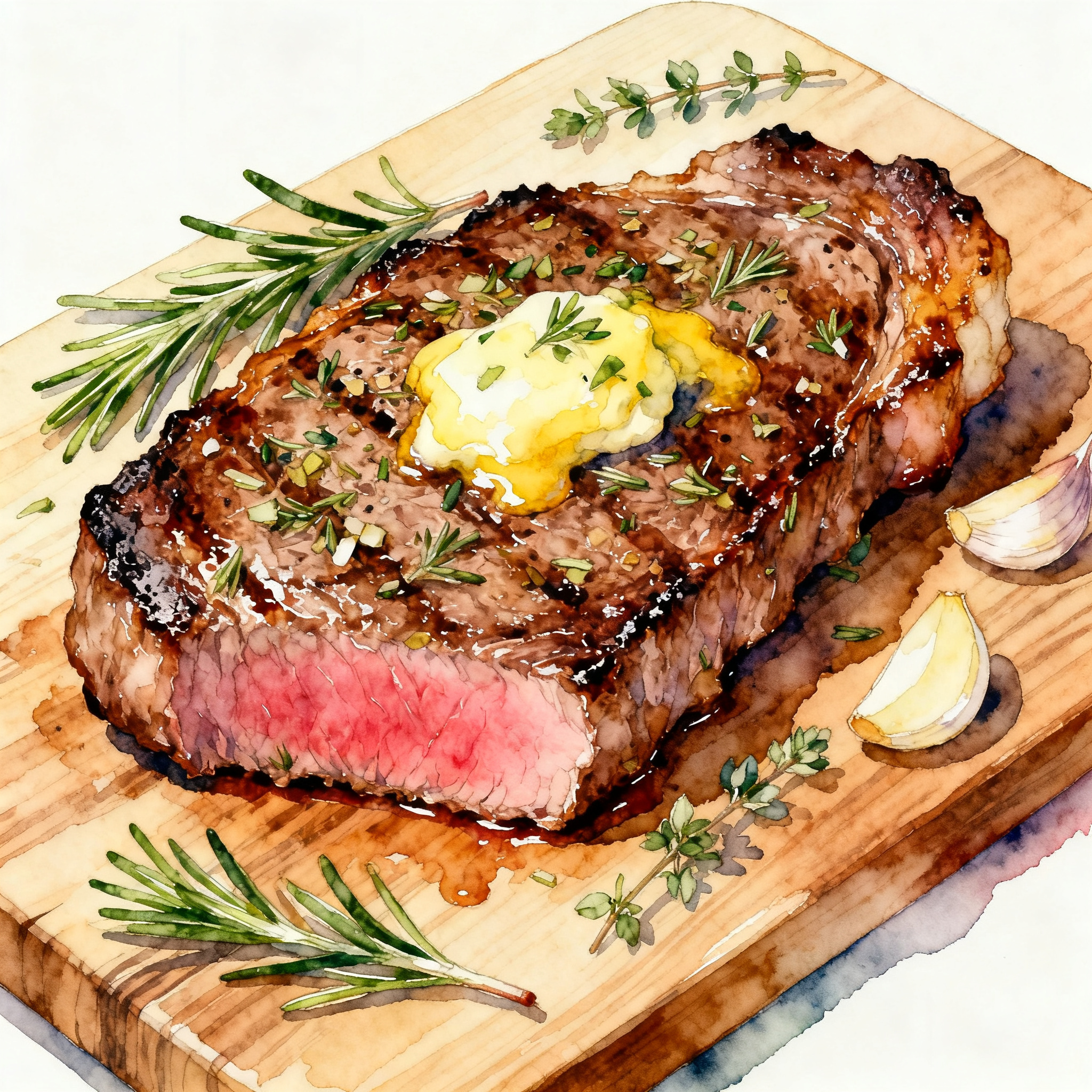 Grilled Steak With Herbs And Garlic Butter On Wooden Cutting Board Clipart