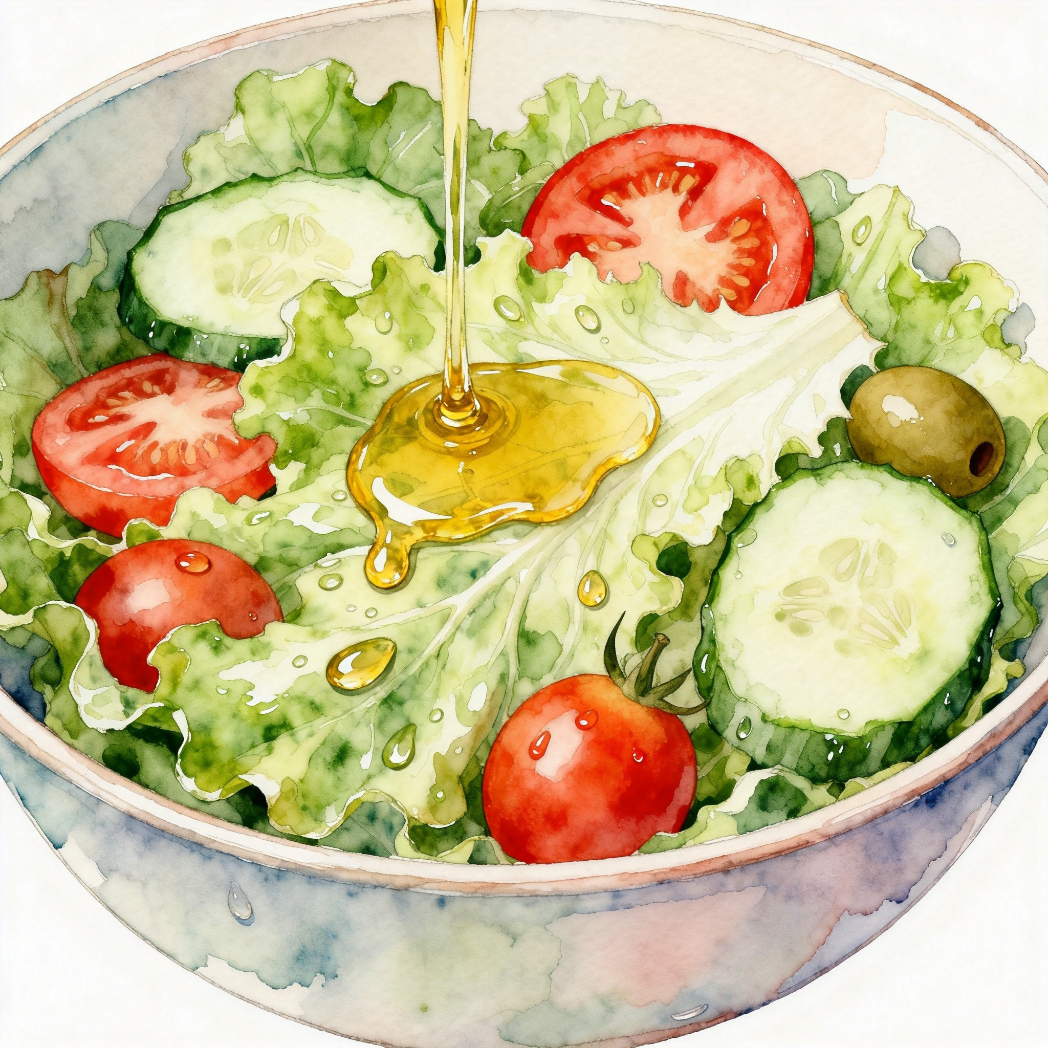 Fresh Salad Bowl With Lettuce Tomato Cucumber And Olive Oil Clipart
