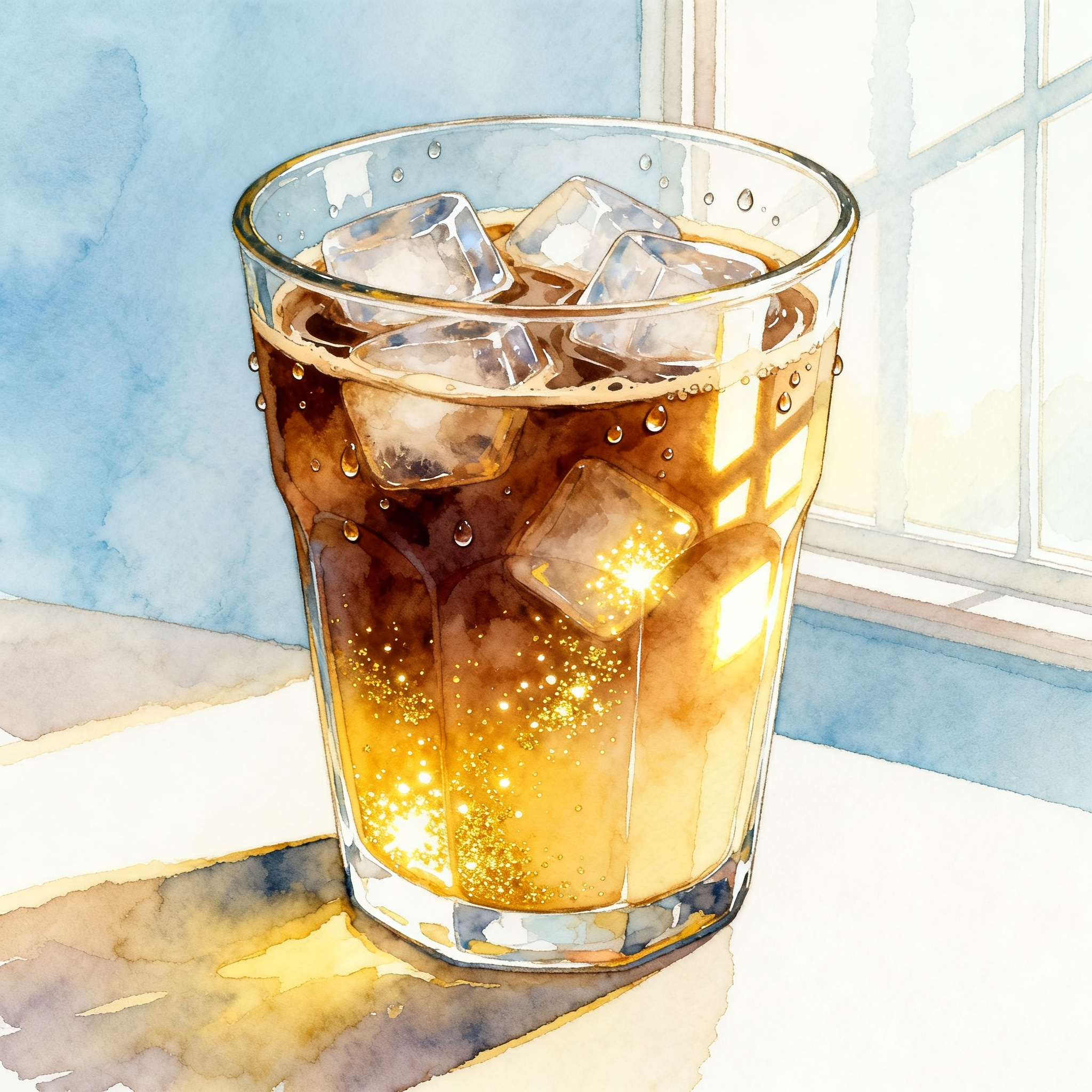 Iced Coffee Glass With Ice Cubes And Morning Sunlight Reflection Clipart