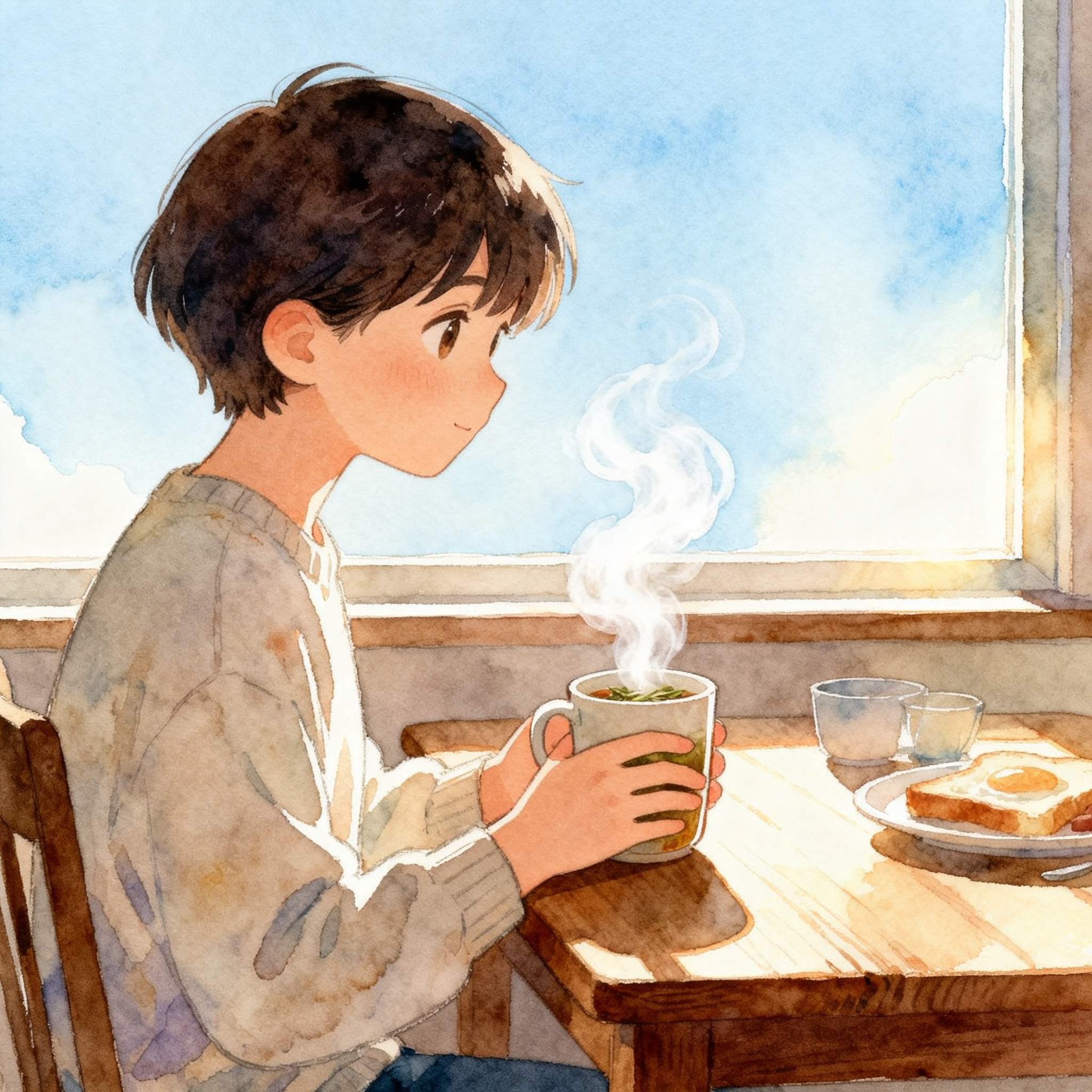 Tea Cup With Herbal Tea And Steam Rising On Calm Morning Table Clipart