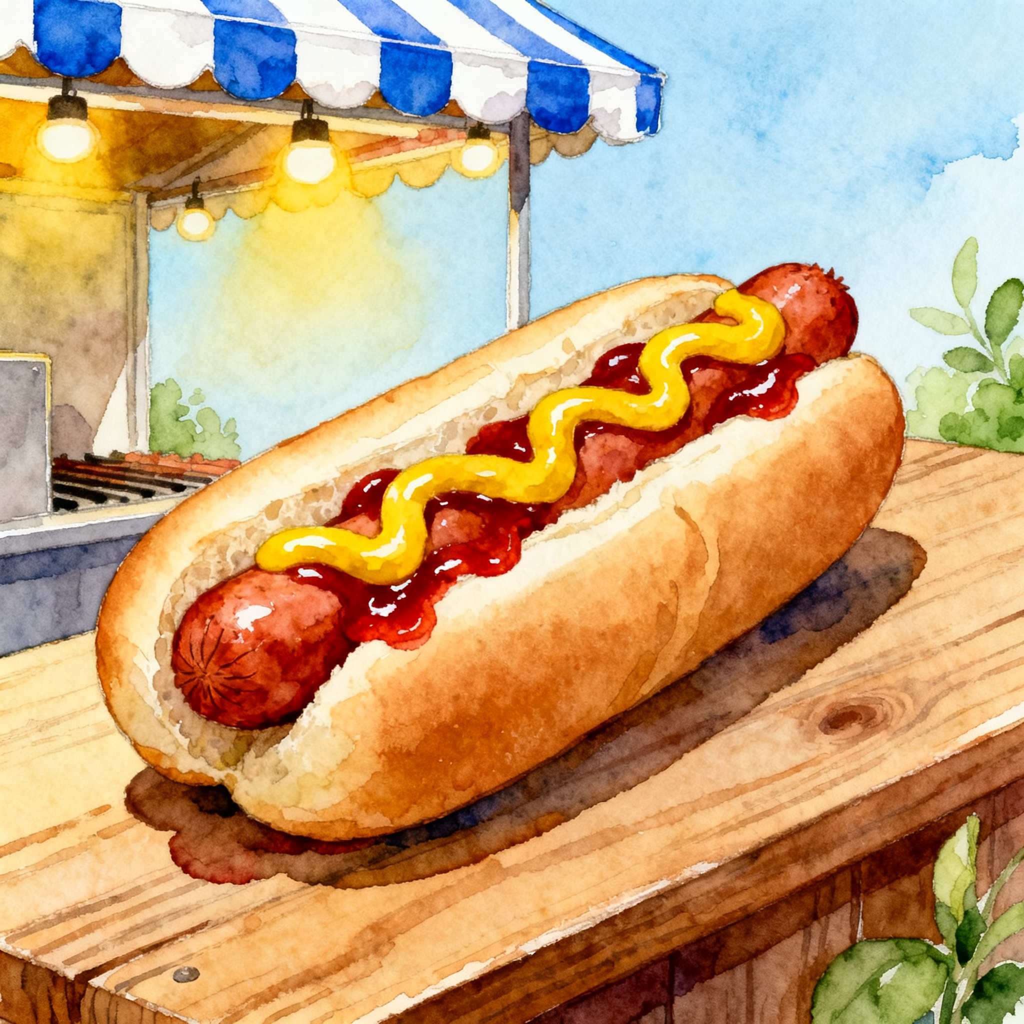 Hot Dog With Mustard And Ketchup In Soft Bun On Street Food Stand Clipart