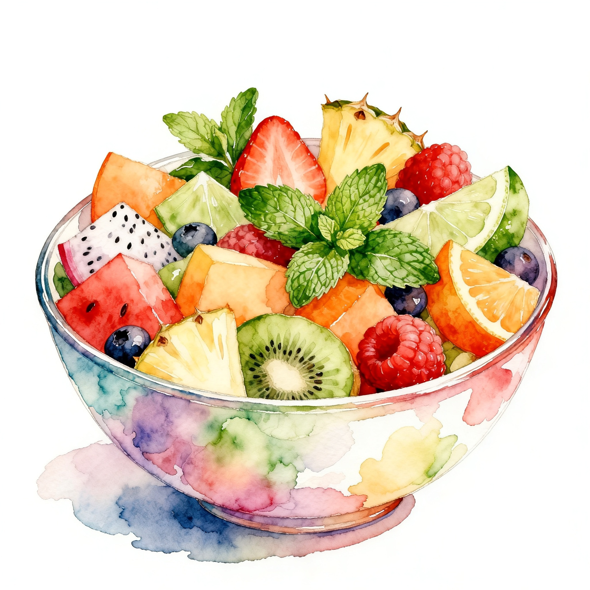 Colorful Fruit Salad Bowl With Tropical Fruits And Fresh Mint Leaves Clipart