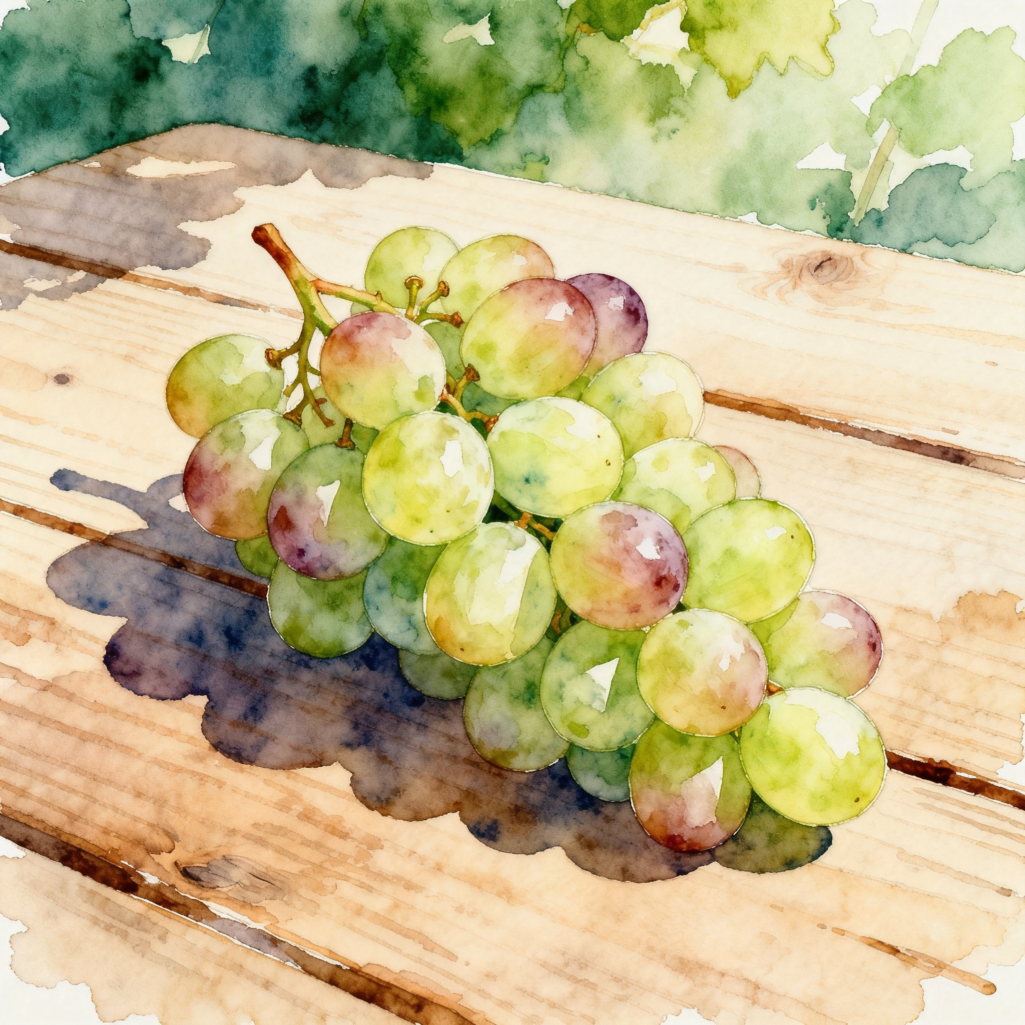 Fresh Grapes Cluster On Wooden Table With Natural Light Shadows Clipart