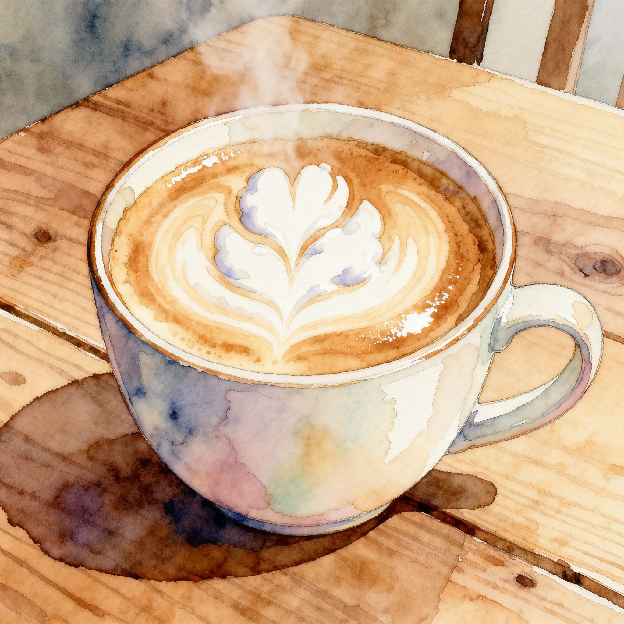 Hot Cup With Latte Art Foam On Cozy Wooden Table Clipart