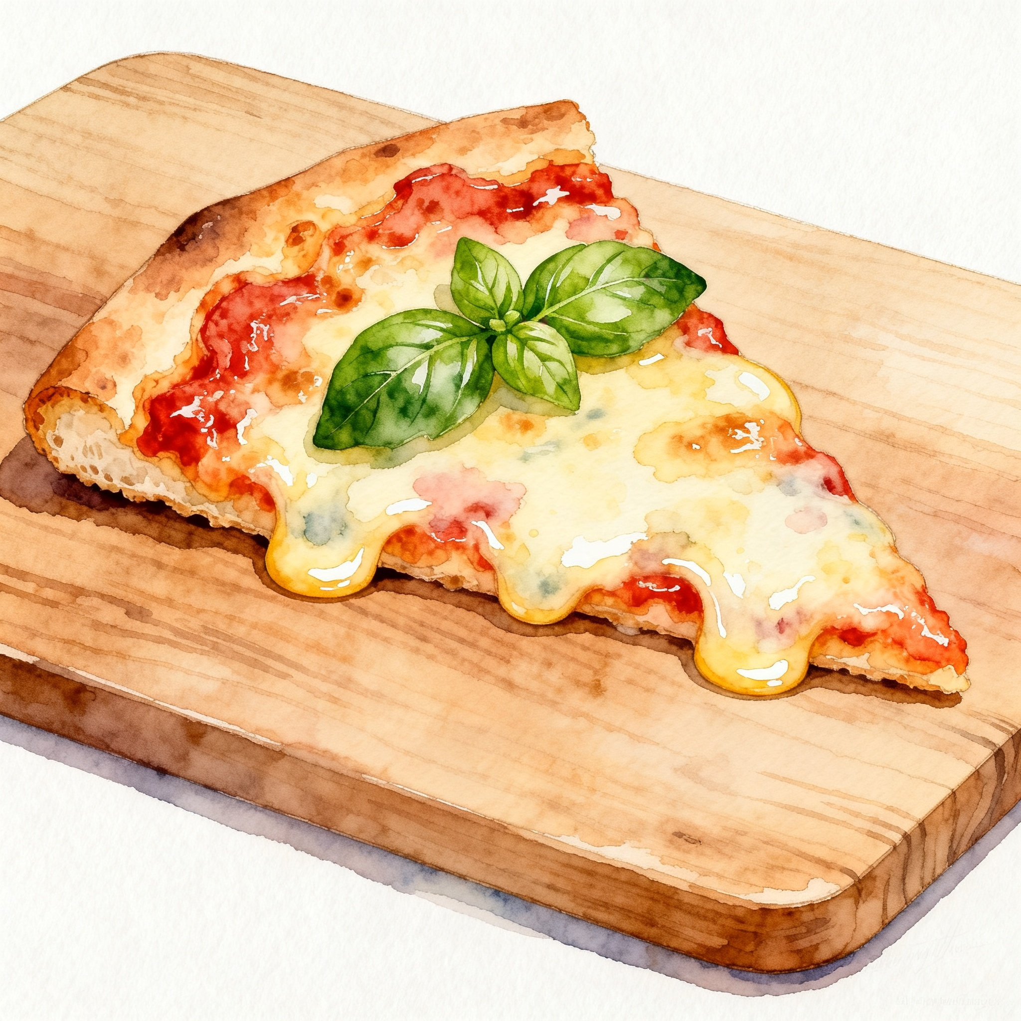 Pizza Slice With Melted Cheese And Fresh Basil On Wooden Board Clipart
