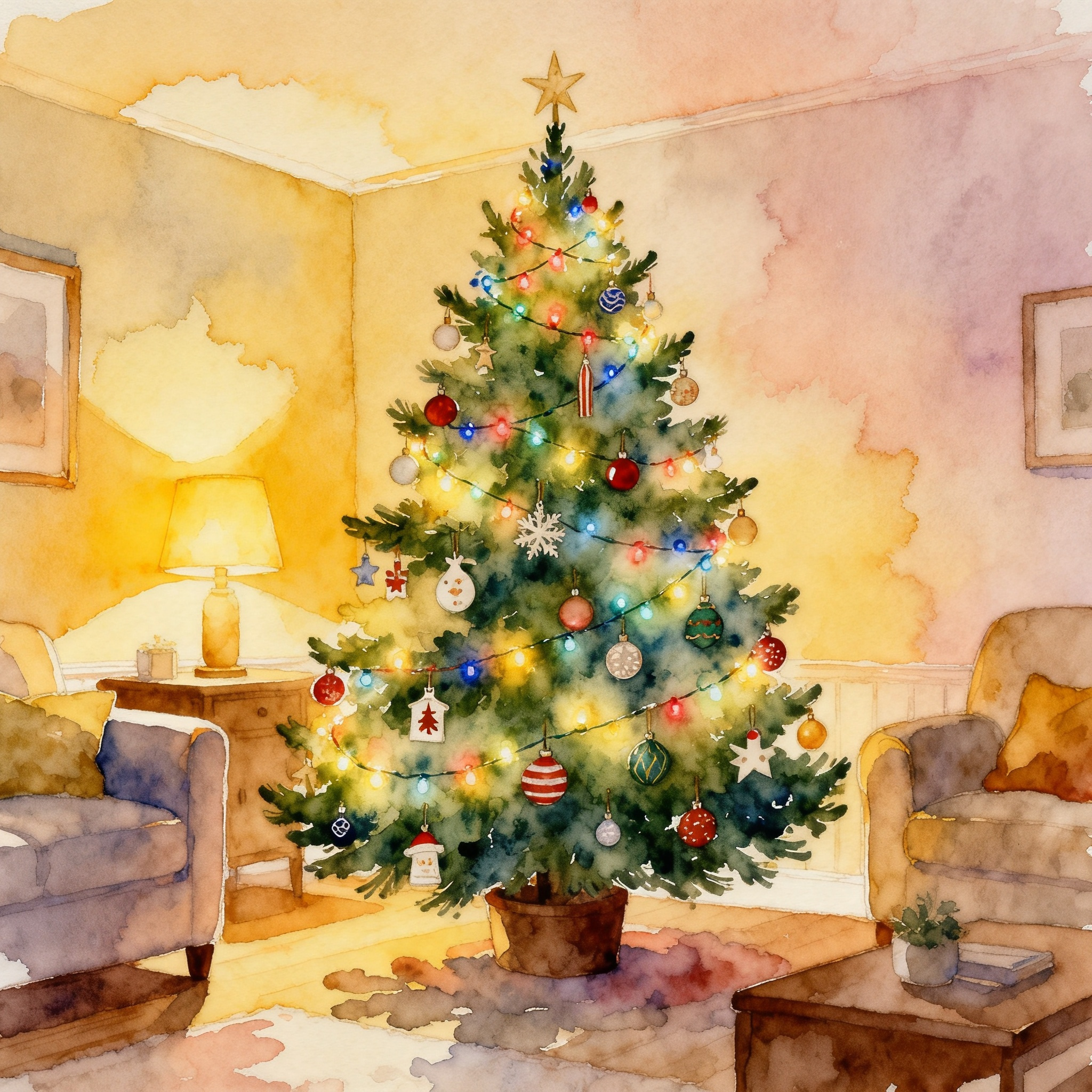 Christmas Tree Decorated With Colorful Lights And Ornaments In Cozy Room Clipart