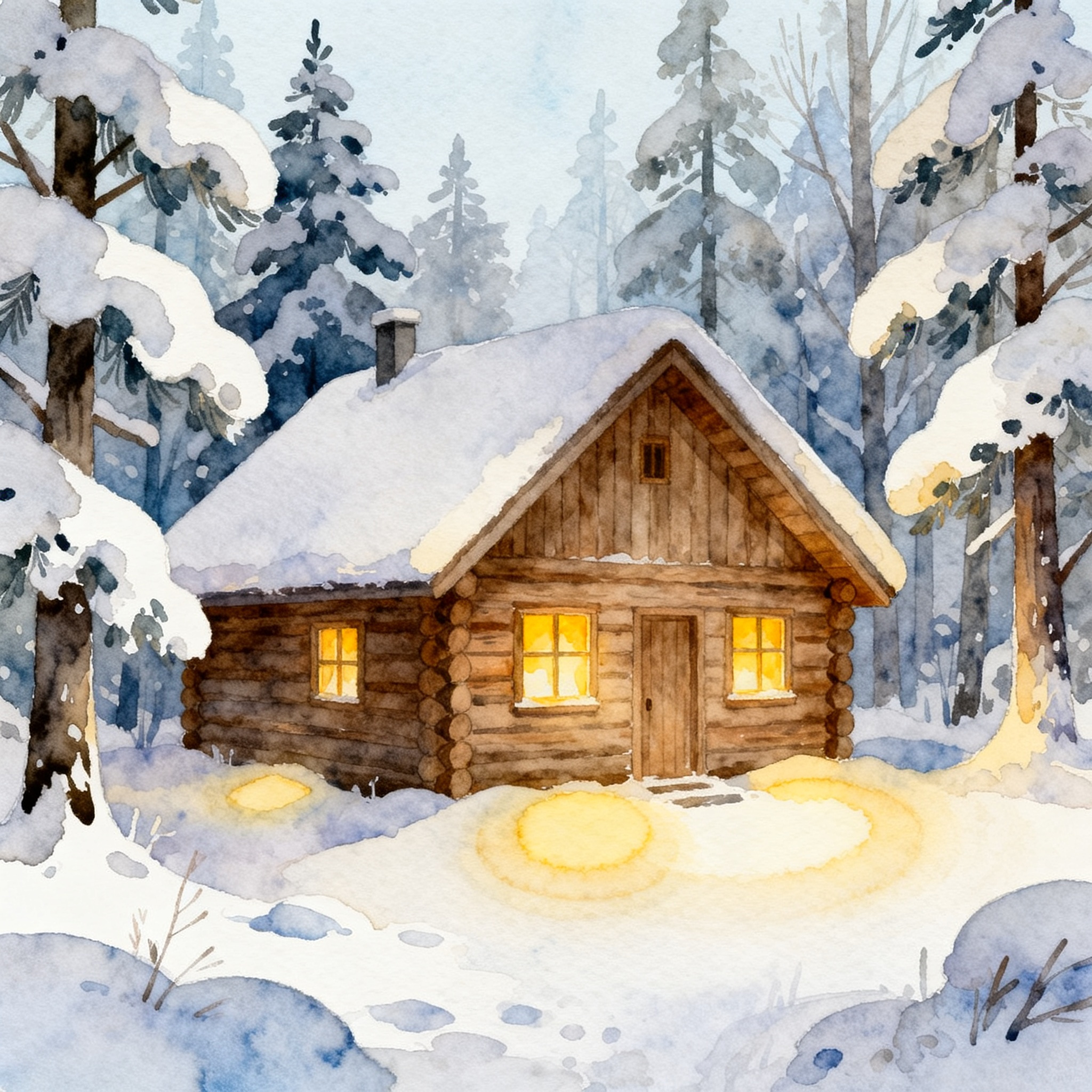 holiday-10-2.jpg Winter Cabin In Snowy Forest With Warm Glowing Window Lights Clipart