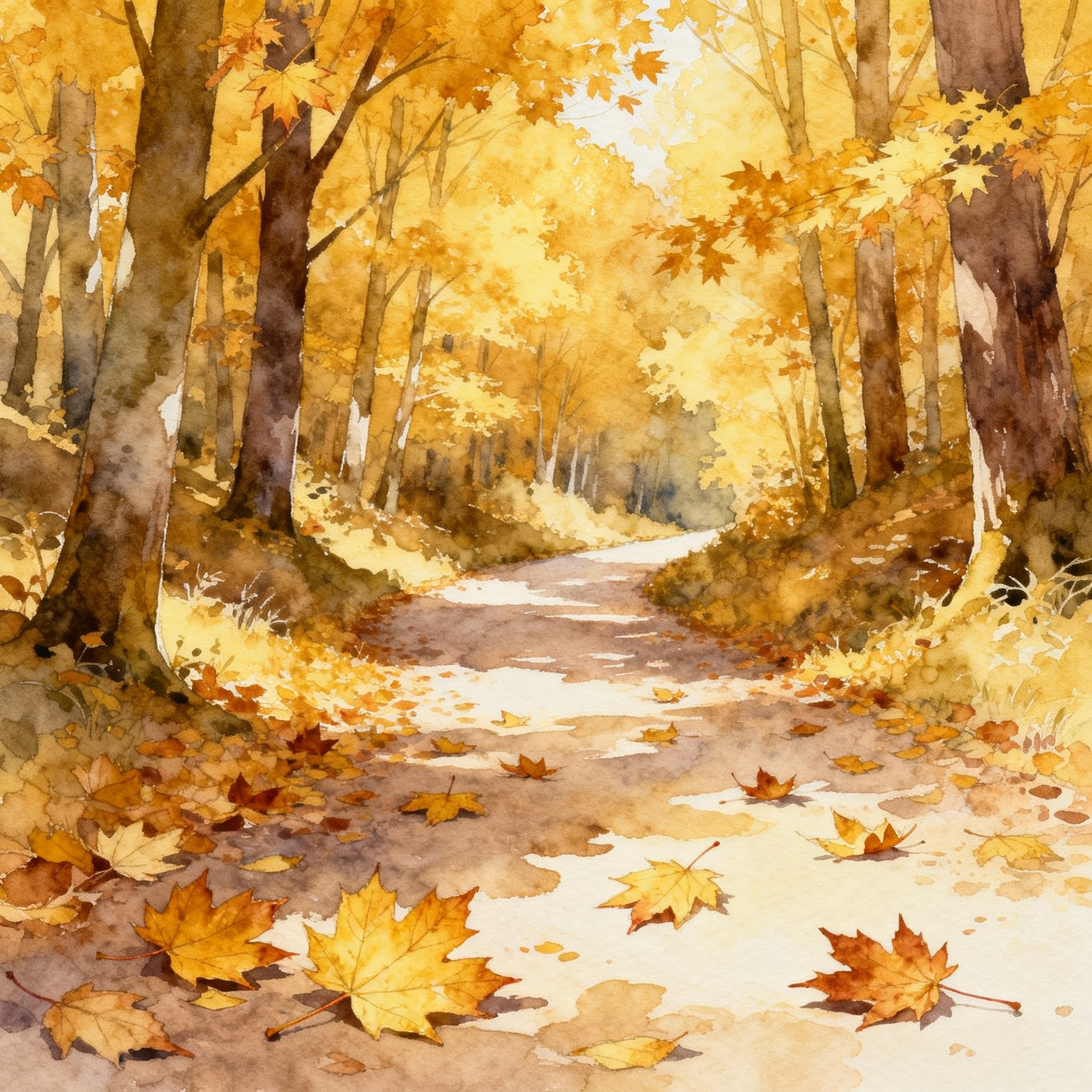 Autumn Maple Leaves Falling On Quiet Forest Path Golden Season Mood Clipart