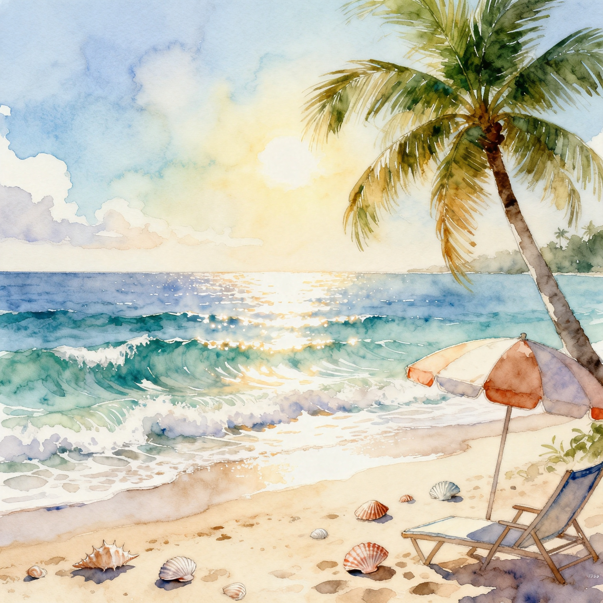 Summer Beach Scene With Sunshine Waves And Palm Tree Relaxation Vibe Clipart