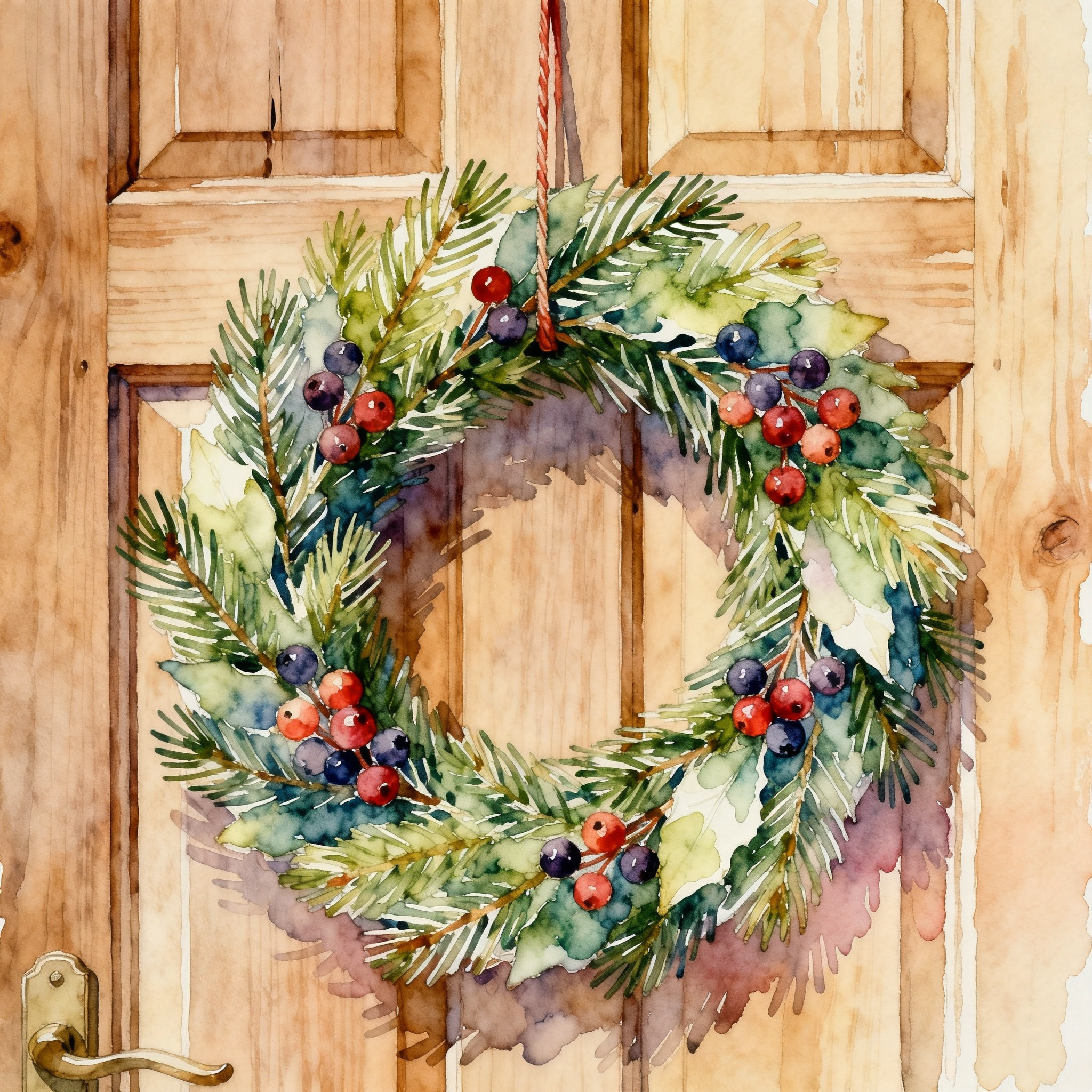 Christmas Wreath Hanging On Wooden Door With Pine And Berries Clipart