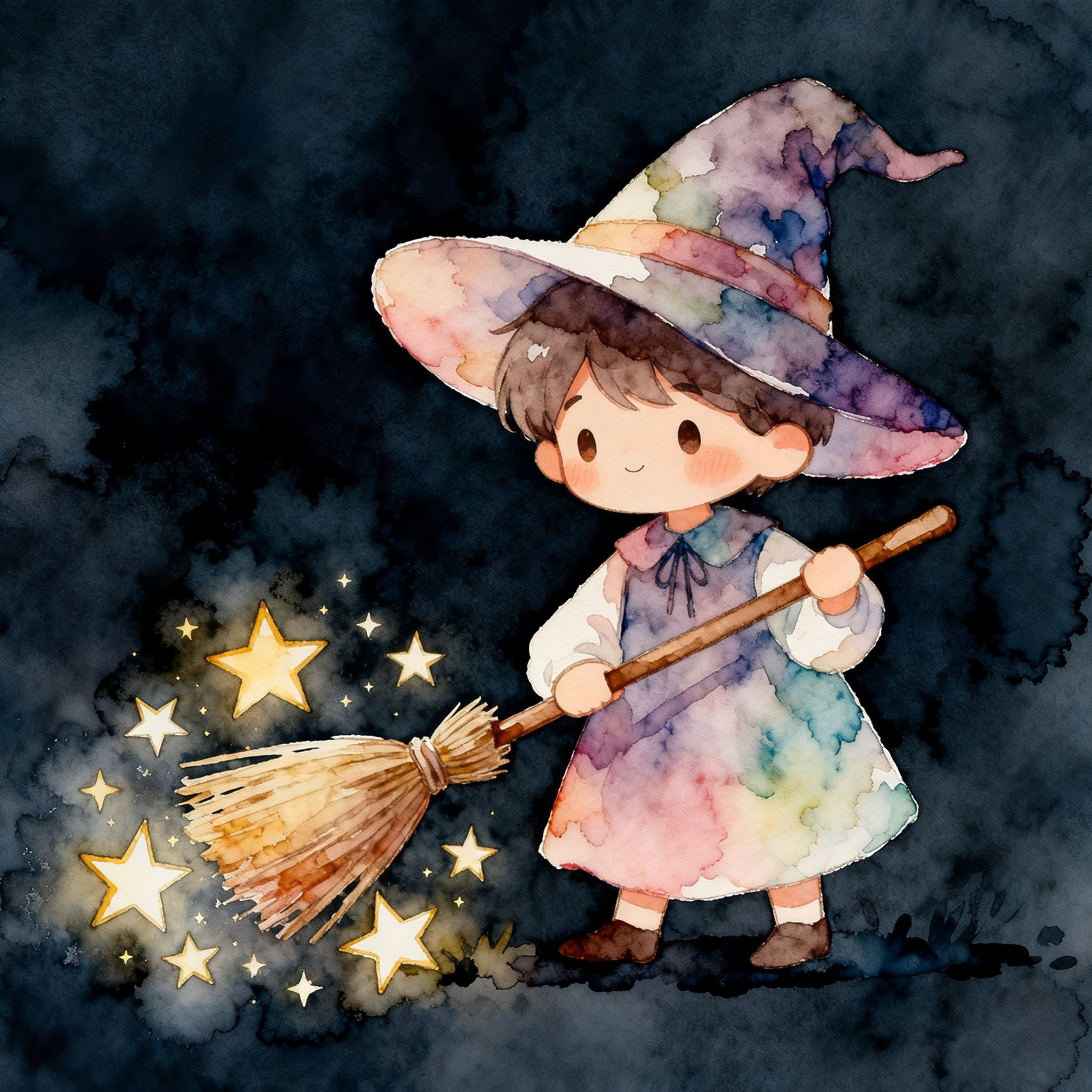 holiday-16-2.jpg Halloween Witch Hat And Broom With Magic Stars In Dark Background Clipart
