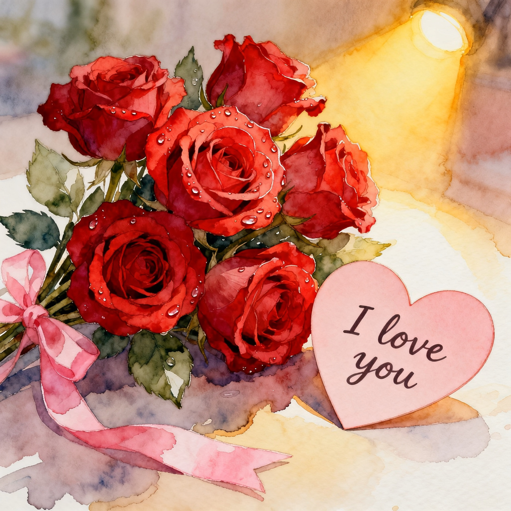 Valentine Rose Bouquet With Heart Cards And Romantic Lighting Clipart