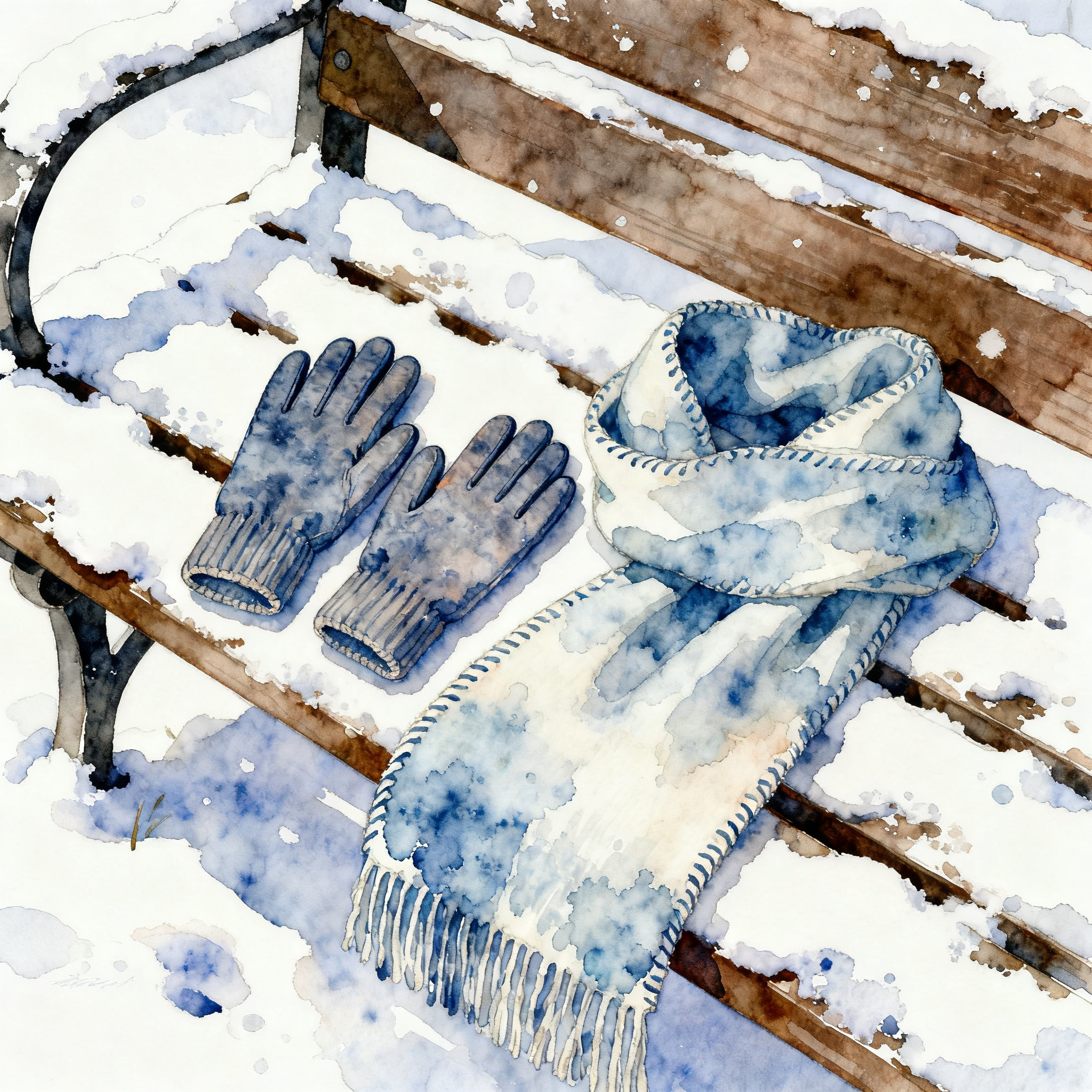 Winter Mittens And Scarf Lying On Snow Covered Wooden Bench Clipart