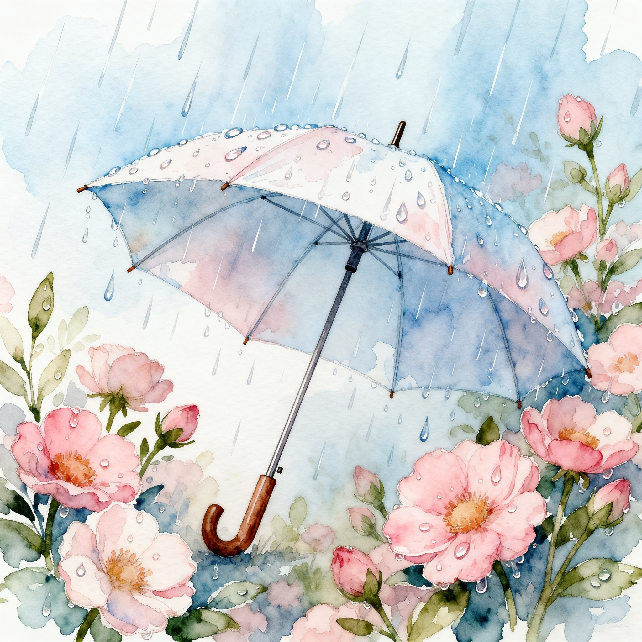 Spring Rain Umbrella With Flowers Blooming Around Soft Weather Scene Clipart