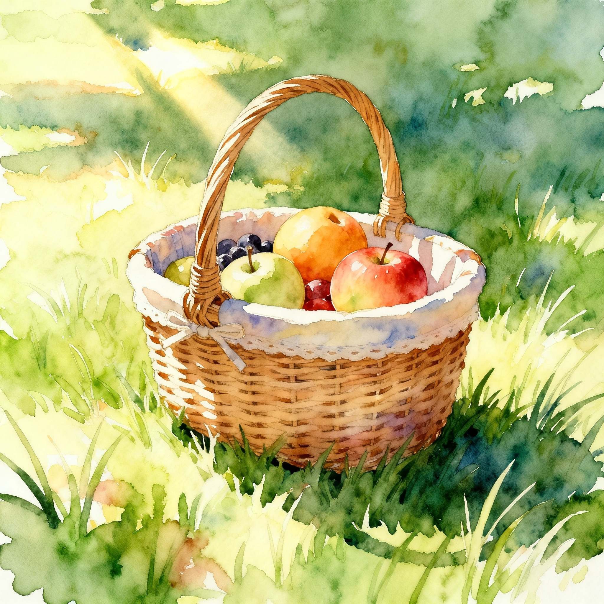 Summer Picnic Basket On Grass Field With Sunshine And Fruits Clipart